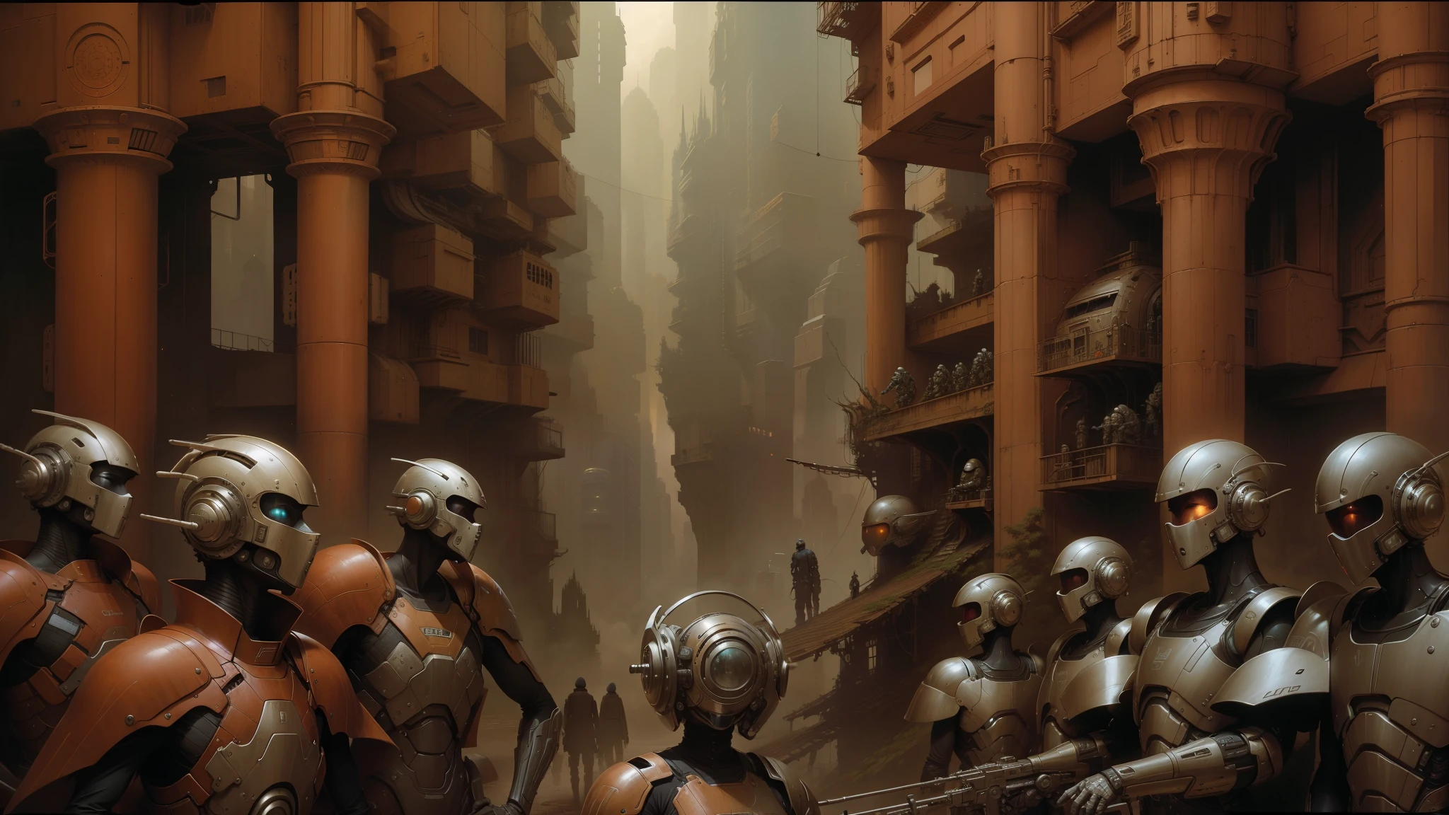 there are many people in a sci - fi city with helmets and helmets, peter gric and dan mumford, craig mullins nekro, by Peter Gric, style of jim burns, inspired by Stephan Martiniere, cgsociety ), cybernetic civilizations, cybernetic civilisations, fractalpunk, award winning scifi art, by Ian Miller --auto --s2