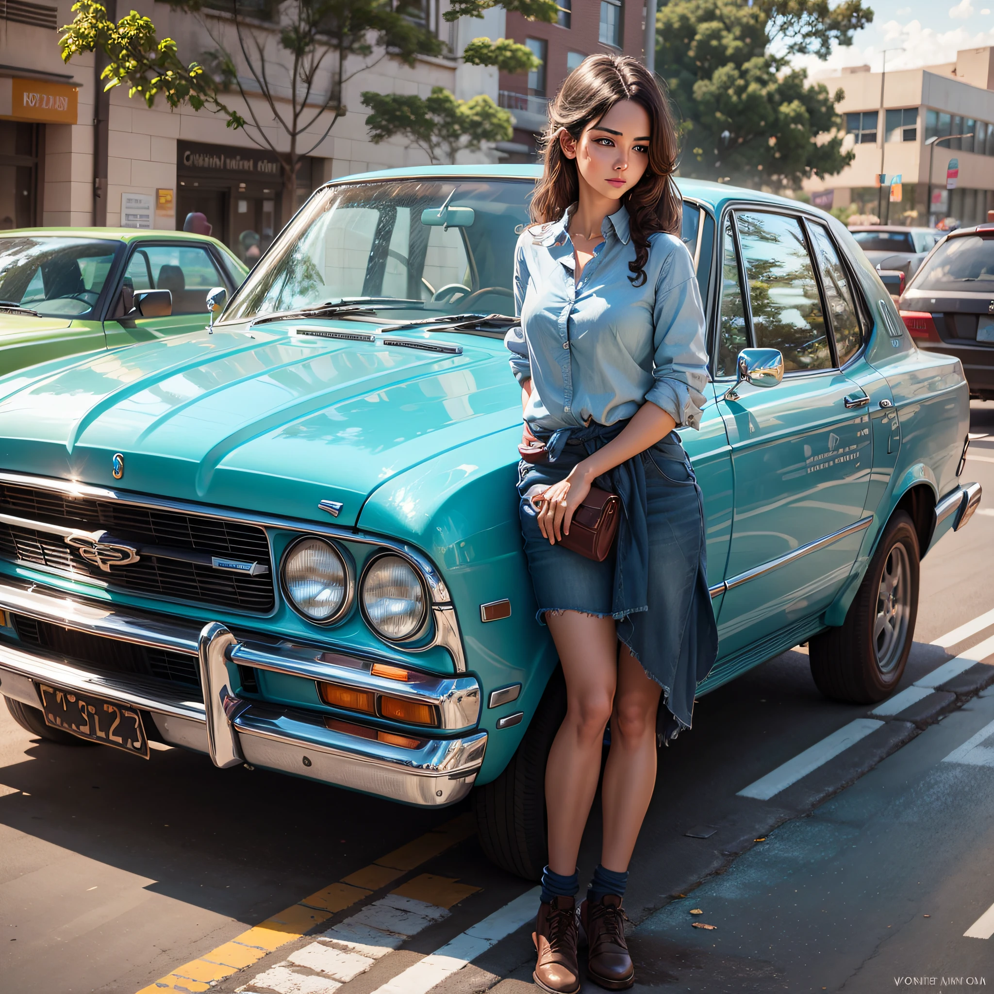 Woman in blue blouse driving around in a college car outside --auto --s2