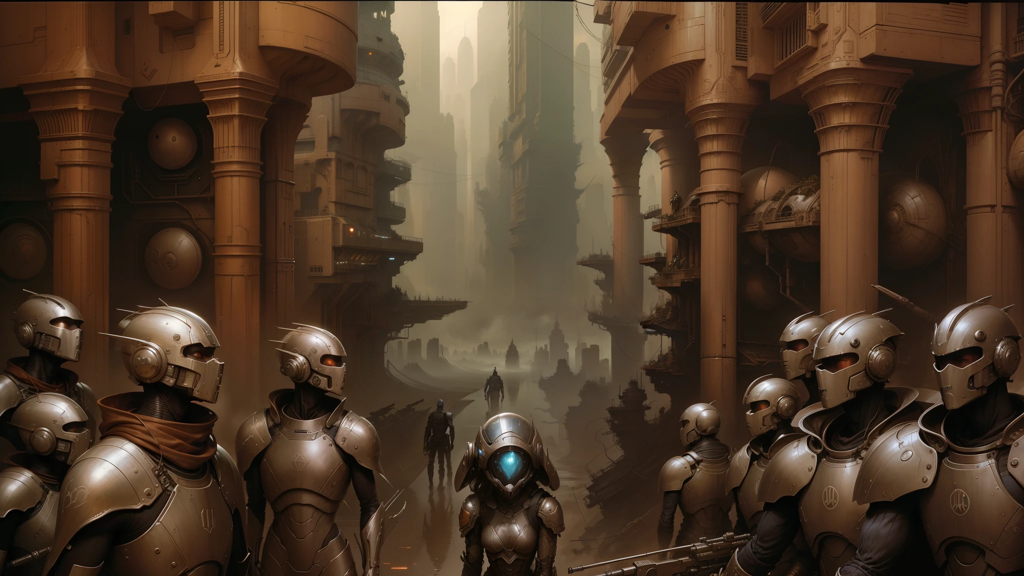 there are many people in a sci - fi city with helmets and helmets, peter gric and dan mumford, craig mullins nekro, by Peter Gric, style of jim burns, inspired by Stephan Martiniere, cgsociety ), cybernetic civilizations, cybernetic civilisations, fractalpunk, award winning scifi art, by Ian Miller --auto --s2