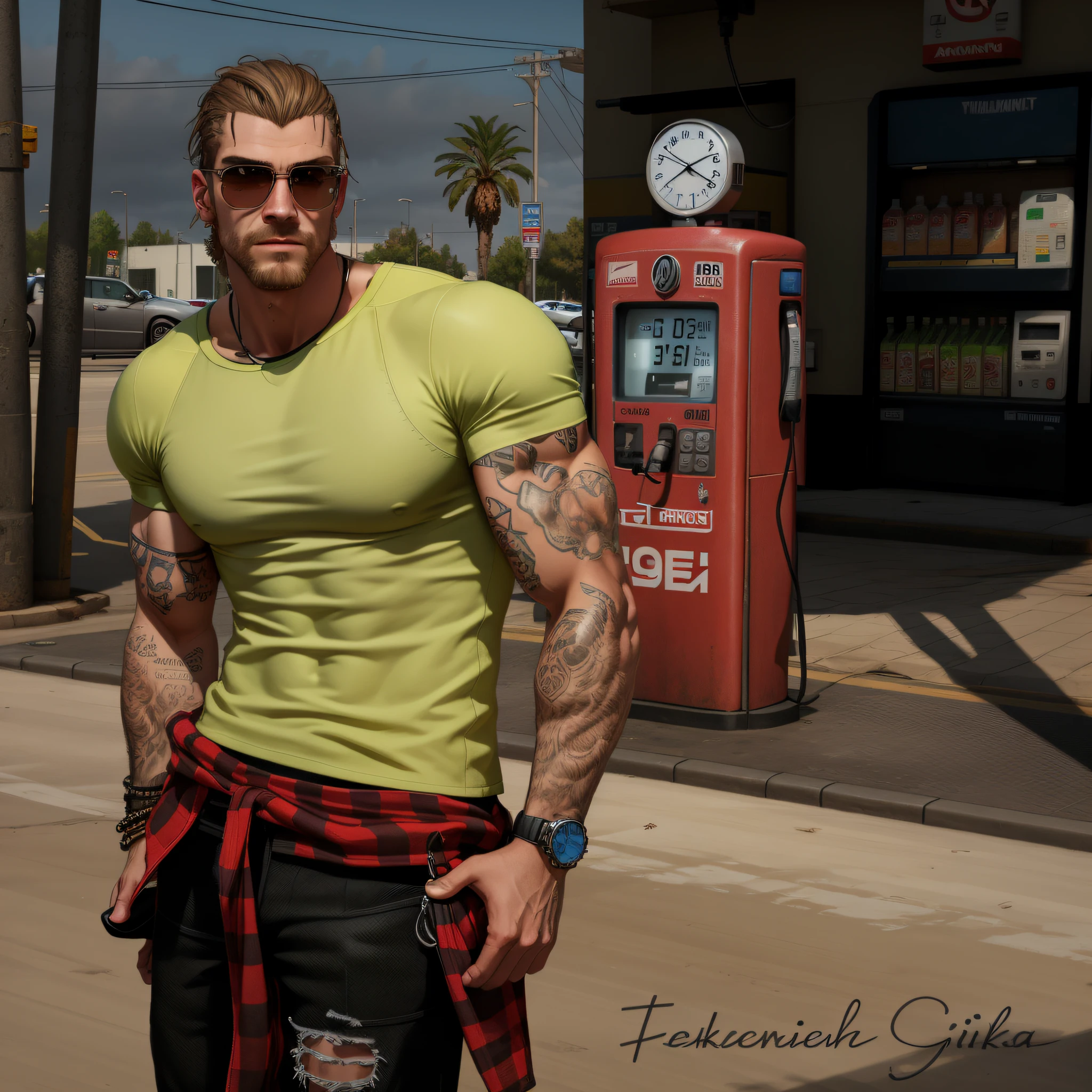 there is a man standing in front of a gas pump, technoviking male with no shirt, mechanic punk outfit, inspired by Viktor Oliva, inspired by Ludovit Fulla, beefcake pose, inspired by Volkan Baga, second life avatar, gas station, inspired by Vito D'Ancona, gta v street style, no hood | | realistic shaded