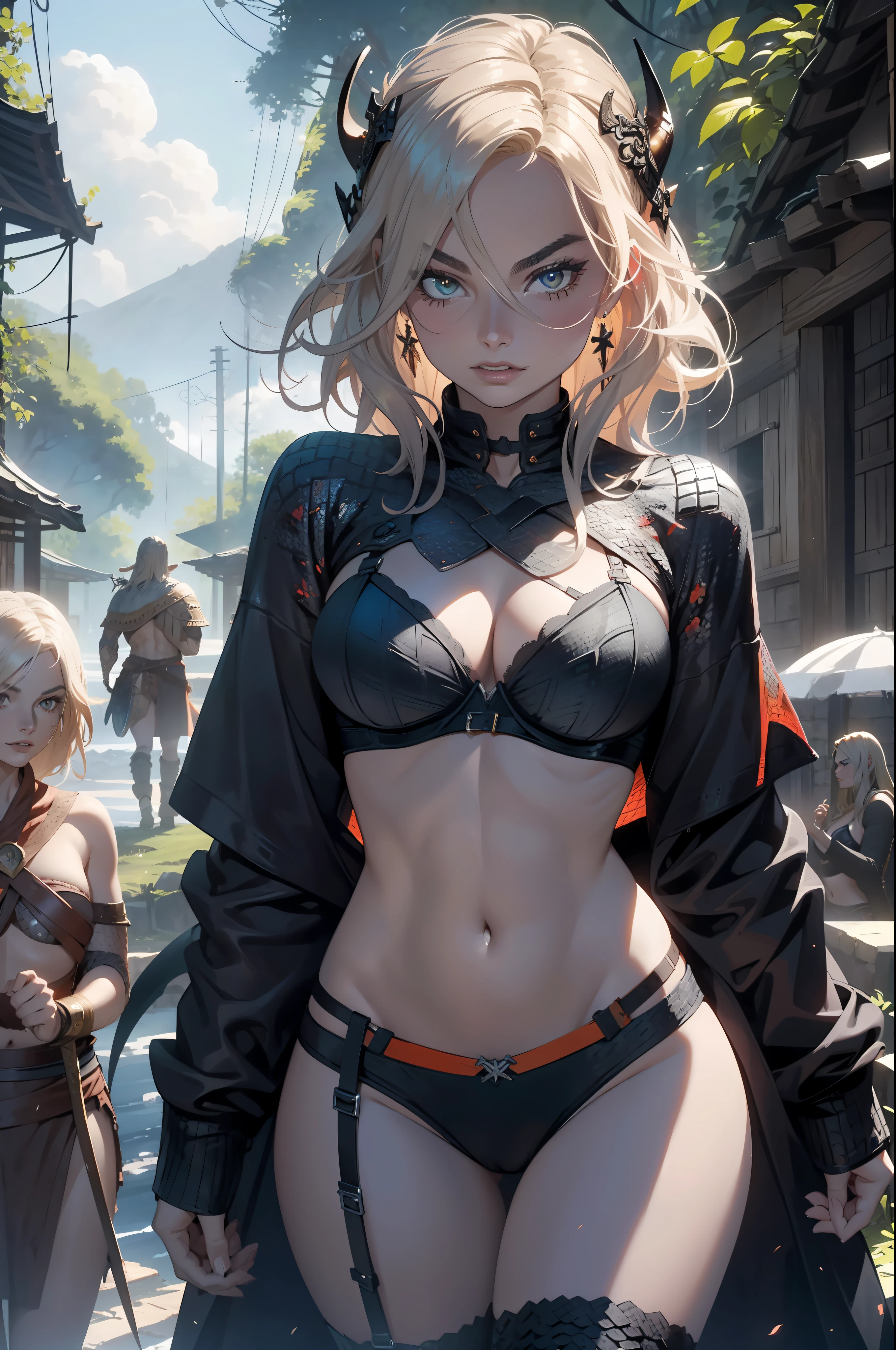 ((Margot Robbie)), Beautiful full-bodied woman, 30 years old, muscular and perfect body, (((Viking warrior))), long dark orange hair with moths and with little clothing, tiny thong, (((bra made of dragon scales))), holding the severed head of a demon, large breasts, generous neckline, ((holding a bloody Nordic sword)), splashed blood on the body, brave face, Dark kingdom, sexy pose, walking in a wilderness, active volcano in the background, medieval era