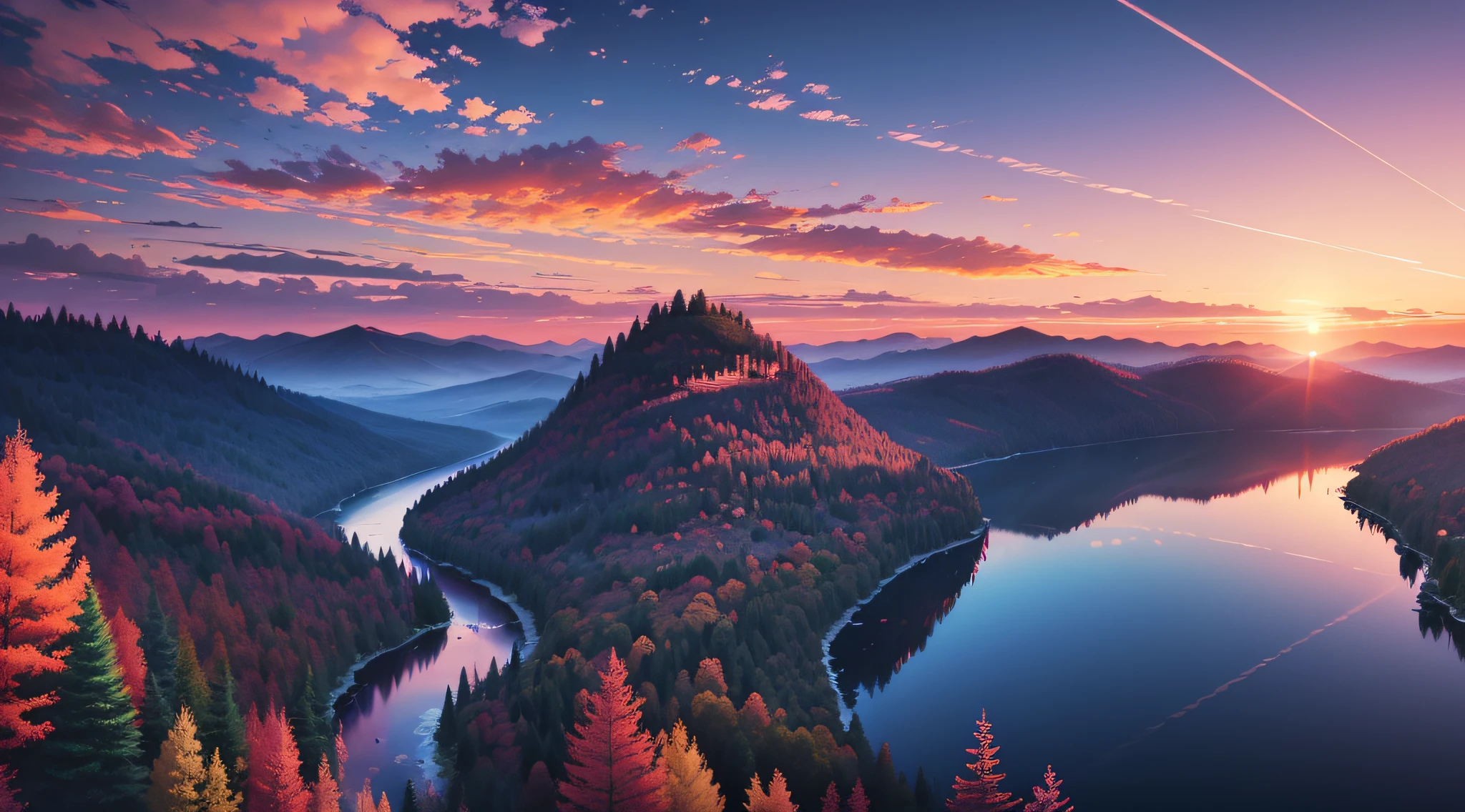 there is a beautiful sunset with a lake and trees in the background, colorful skies, surreal colors, colorful sunset, colorful sky, marvellous reflection of the sky, stunning sky, dream like atmosphere 8k, colorful clouds, colors reflecting on lake, surreal sky, red and blue reflections, fire reflection, beautiful sky, beautiful and spectacular dusk, beautiful dreamy landscape, amazing sky --auto --s2