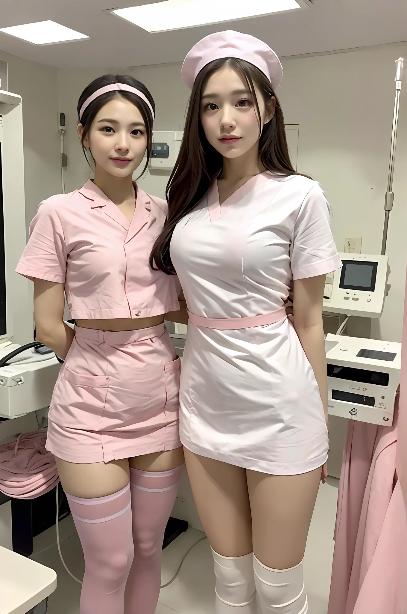 (RAW Photo, Best Quality), (Realistic, Photo Realistic: 1.3), Wide Angle Photo, Masterpiece, 2 Girls, Cute, Young, Perfect Body, Korean Top Beauty, (Full Body: 1.3), Realistic Face, Standing, Diffuse Light, Create Soft, Uniform Glow
In hospitals ((operating rooms)), surgical gloves, medical equipment, anesthesia machines
((((white and pink))))) nurse uniform smooth, slim, open, see-through, exposed chest, perfect breasts and buttocks, slim legs, nurse, nurse cap, stethoscope, flesh-colored stockings, sitting side by side, fair pink feet