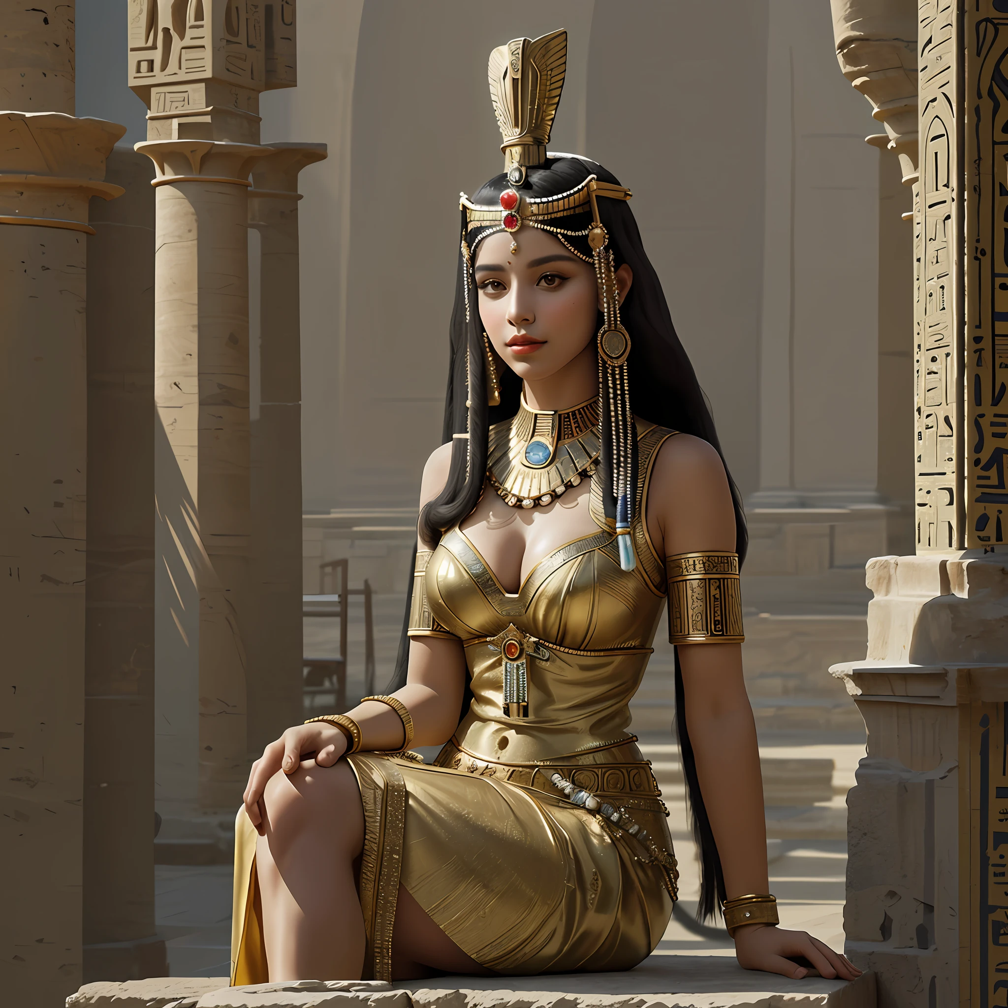 just a beautiful woman sitting on a pedestal, beautiful woman, tight body shape, ancient egyptian hairstyle, ancient egyptian royal princess dress with royal accessories, ancient egyptian atmosphere, high quality image, cleavage, round bust, royal egyptian palace setting, detail smooth skin, eye detail, lip detail, realistic:1.4, slightly dark lighting, professional photo, 8k, masterpiece