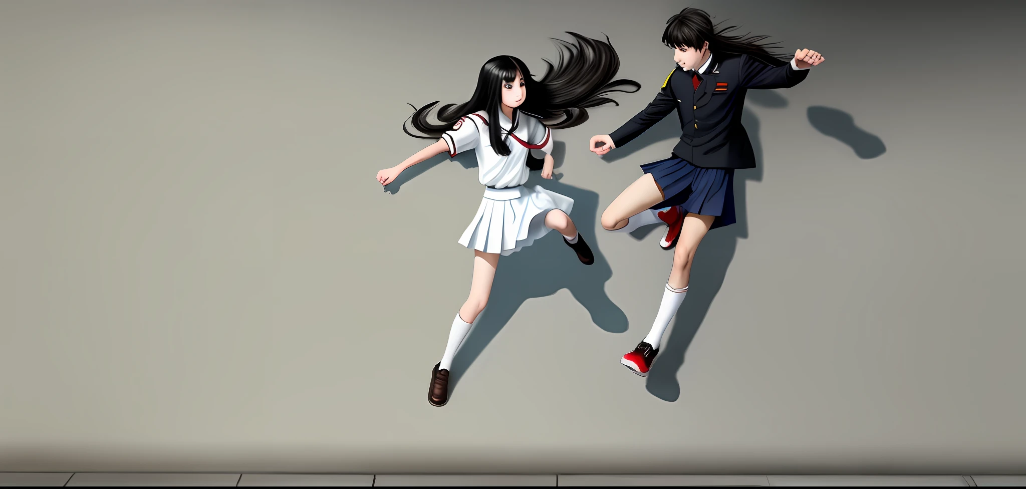 A girl in white school uniform hit a boy, the girl has long black hair, the boy wear soldier clothes, street background