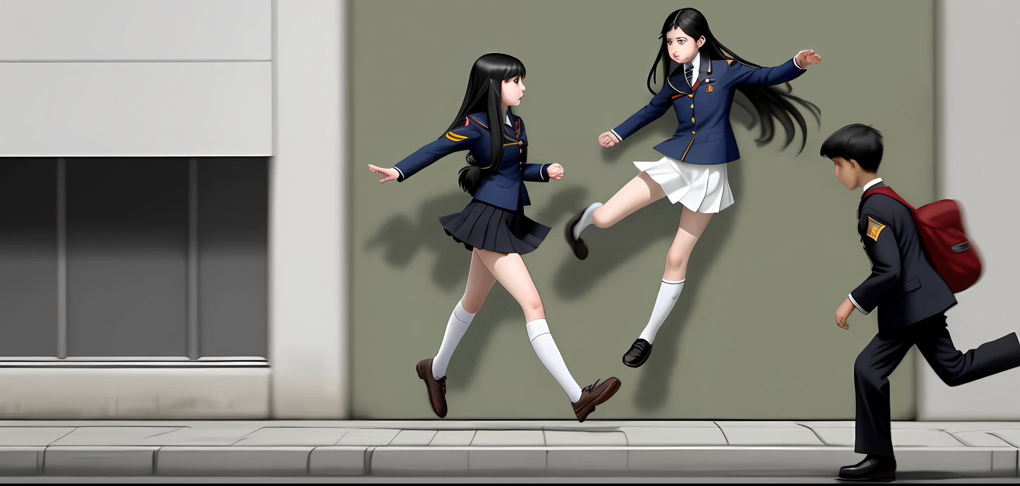 A girl in white school uniform hit a boy, the girl has long black hair, the boy wear soldier clothes, street background