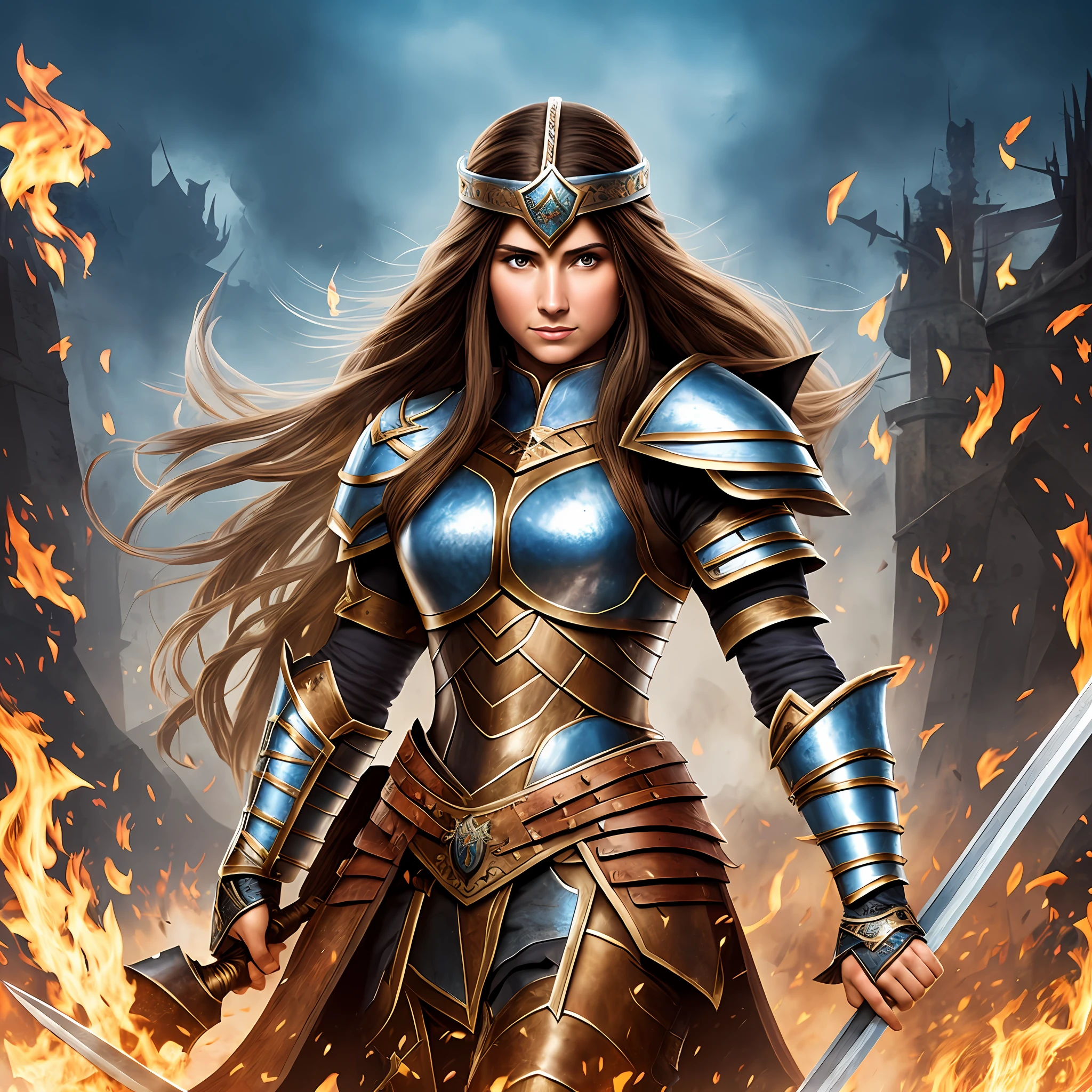 Medieval warrior with long brown hair, warrior armor with blue emblems, fire powers in her hands.