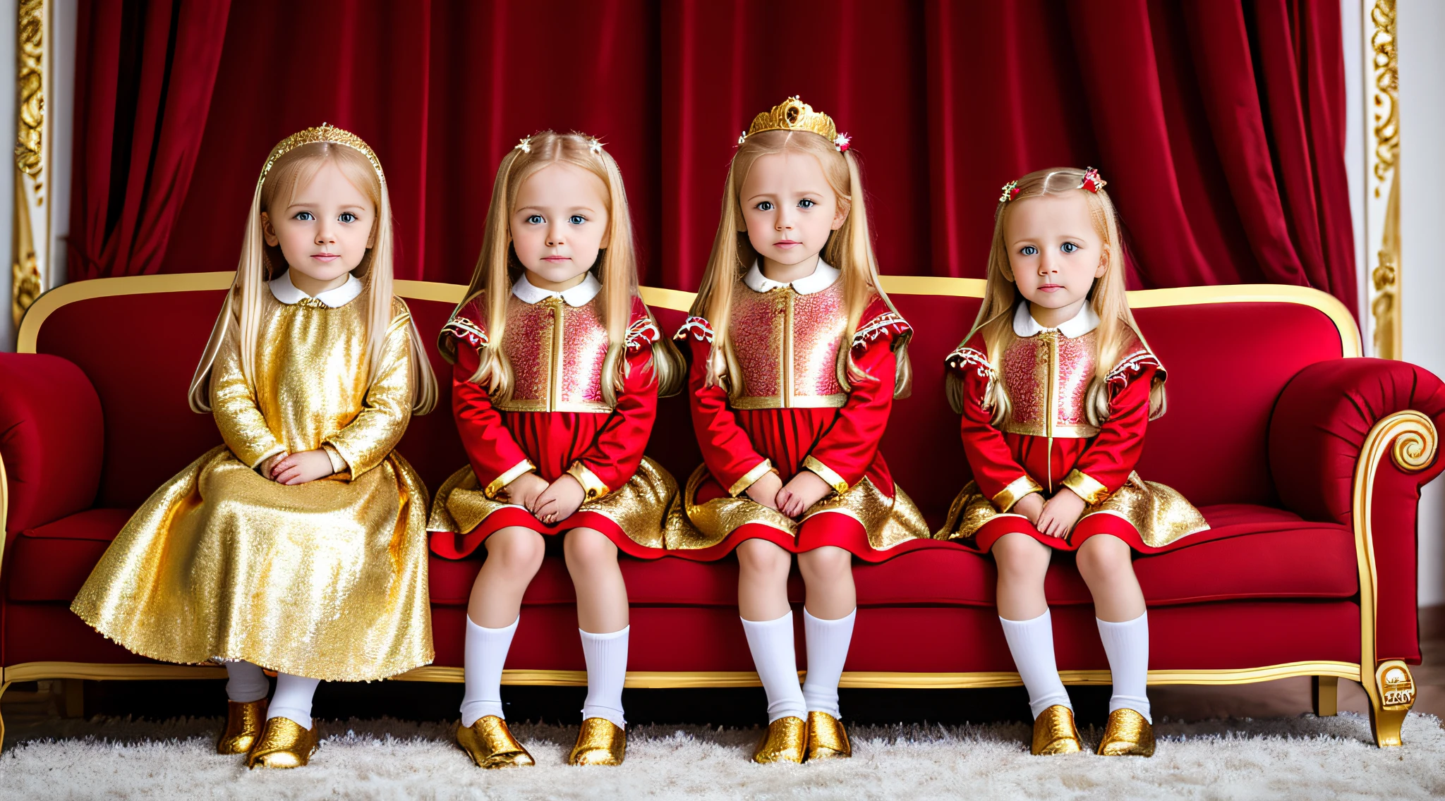 3 Russian girls with 10 yearsONG STRAIGHT HAIR blonde, PORTRAIT STYLE, a red, gold and red sofa, clothes of gold, shiny gold and silver, bright gold, red and gold.