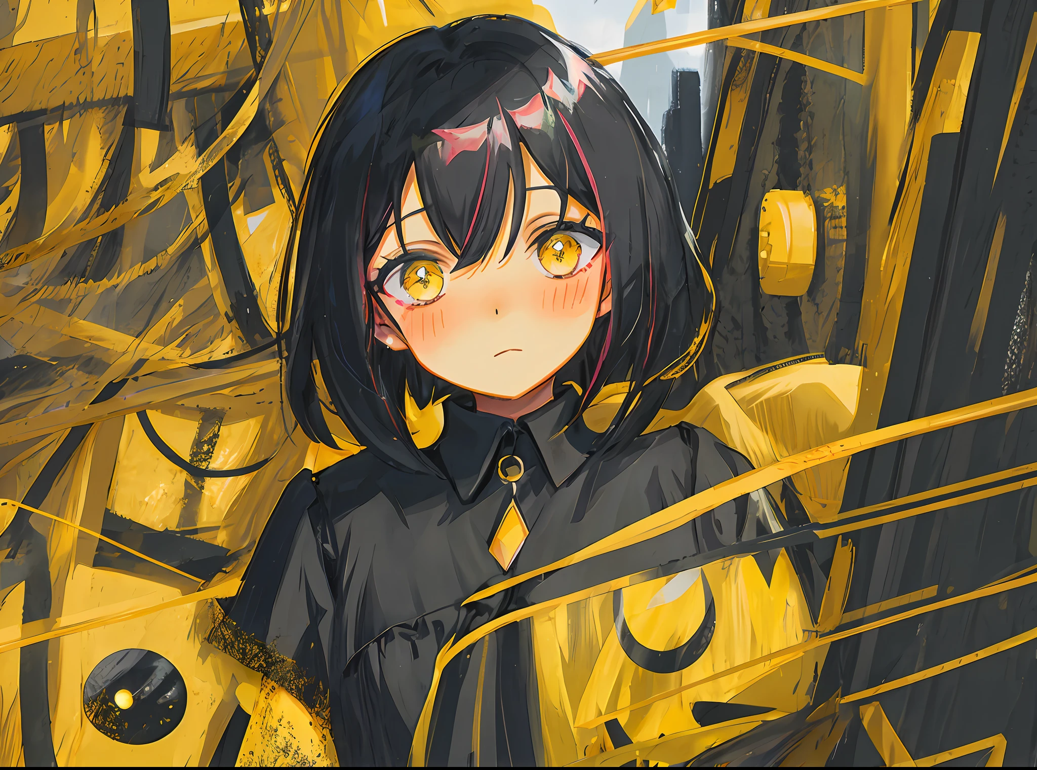 One, girl in black dress, yellow eyes, black hair bob, blush, upward