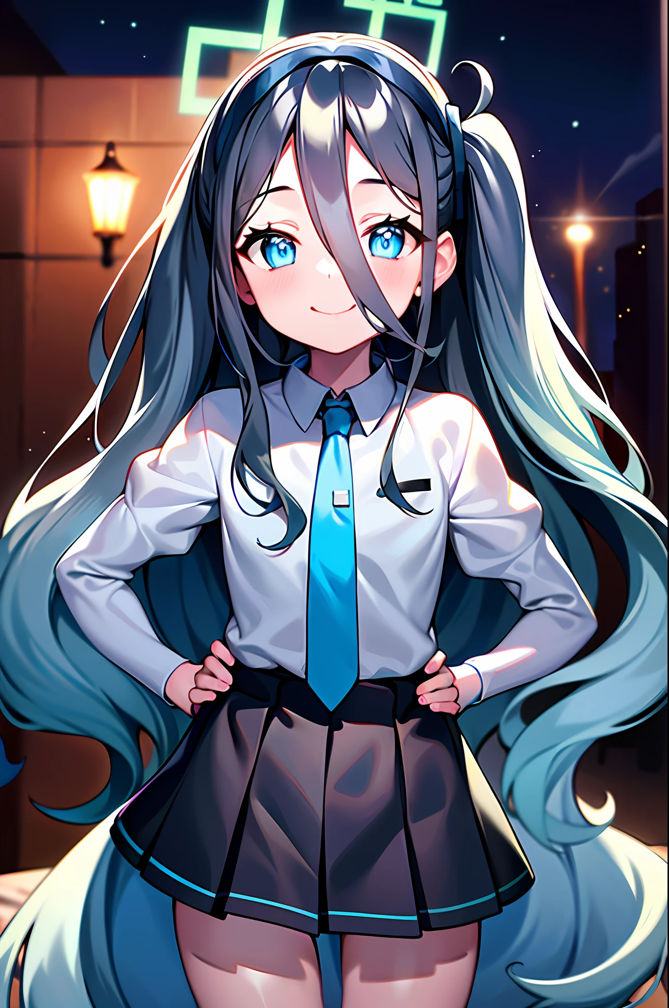 (pureerosface_v1:0.66), best quality, ultra high resolution, (photorealistic: 1.4), 1 girl, fine eyes, dark eye makeup, slim waist, blush, k-pop idol, (charm: 1.0), fine eye makeup, puffy eyes, solo, perfect anatomy, (big), (slender), (black hair: 1), (look at the viewer), (original_ alice), (light blue tie), (marine blue eyes), (zhuo),(alice_halo:0.7),(blue halo),(smile),(happiness),(pigtails),(long hair),(long bangs),(blue archive),(black hair band),(long coat),(school uniform),(white long-sleeved shirt),(pleated skirt),(navy blue skirt),(bare feet),nsfw, Depth of field, facial details, skin luster, beautiful eyes, dark eye makeup, slim waist, blush, fine eye makeup, solo, perfect anatomy. (((night view))). (((put your hands on your hips))). Make a fist. Face forward, look at the front, look at the camera.