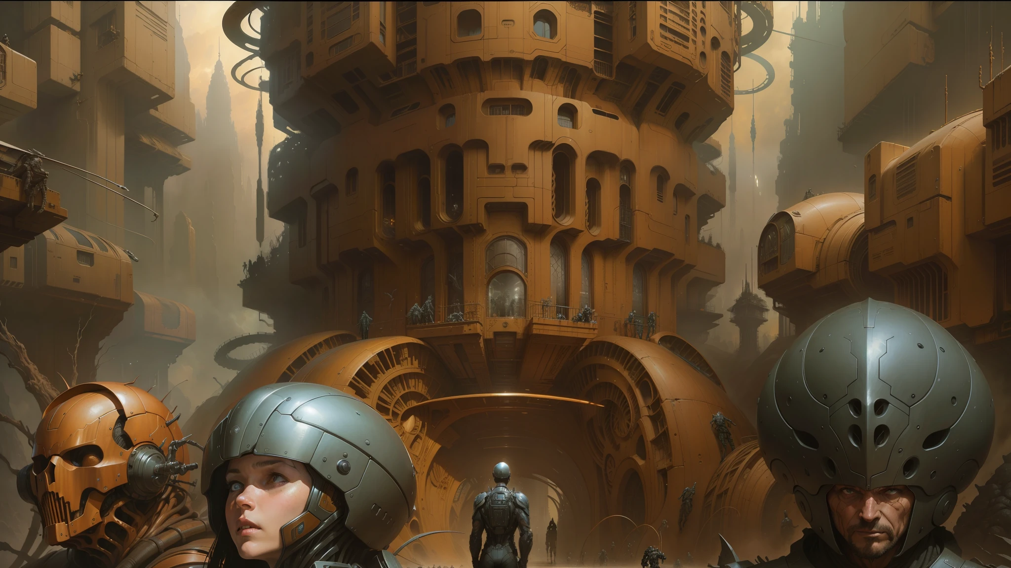 there are many people in the picture, peter gric and dan mumford, craig mullins nekro, by Peter Gric, style of jim burns, inspired by Stephan Martiniere, cgsociety ), cybernetic civilizations, cybernetic civilisations, fractalpunk, award winning scifi art, by Ian Miller --auto --s2