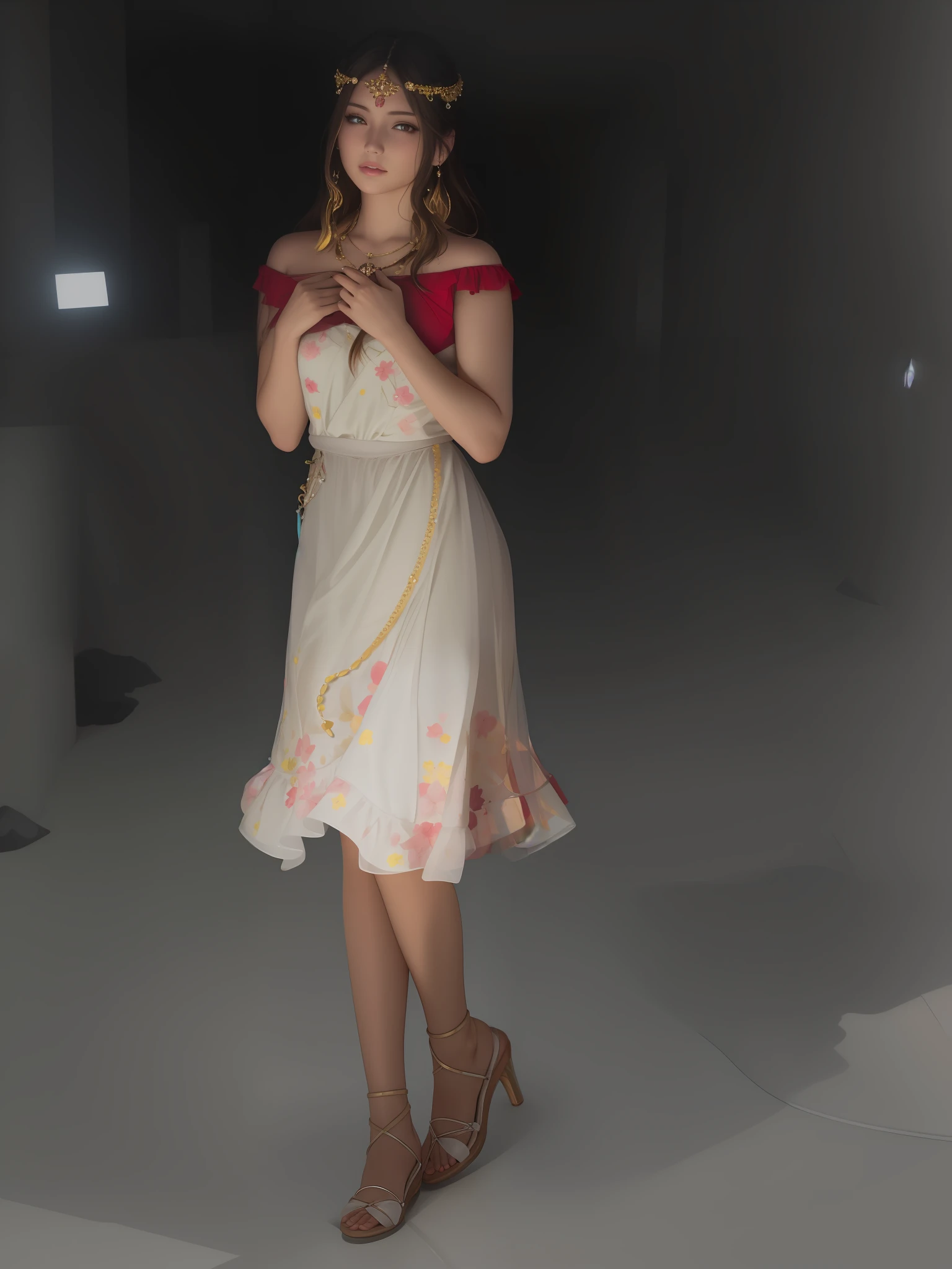 best quality, masterpiece, high_res, 1girl, hair ornament, necklace, jewelry, Beautiful face, upon body, tyndall effect, photo realistic, dark studio, rim lighting, two tone lighting, (high detailed skin:1.2), 8k uhd, dslr, soft lighting, high quality, volumetric lighting, candid, Photograph, high resolution, 4k, 8k, Bokeh, medium breasts, open fingers, (hair color:blonde:1)