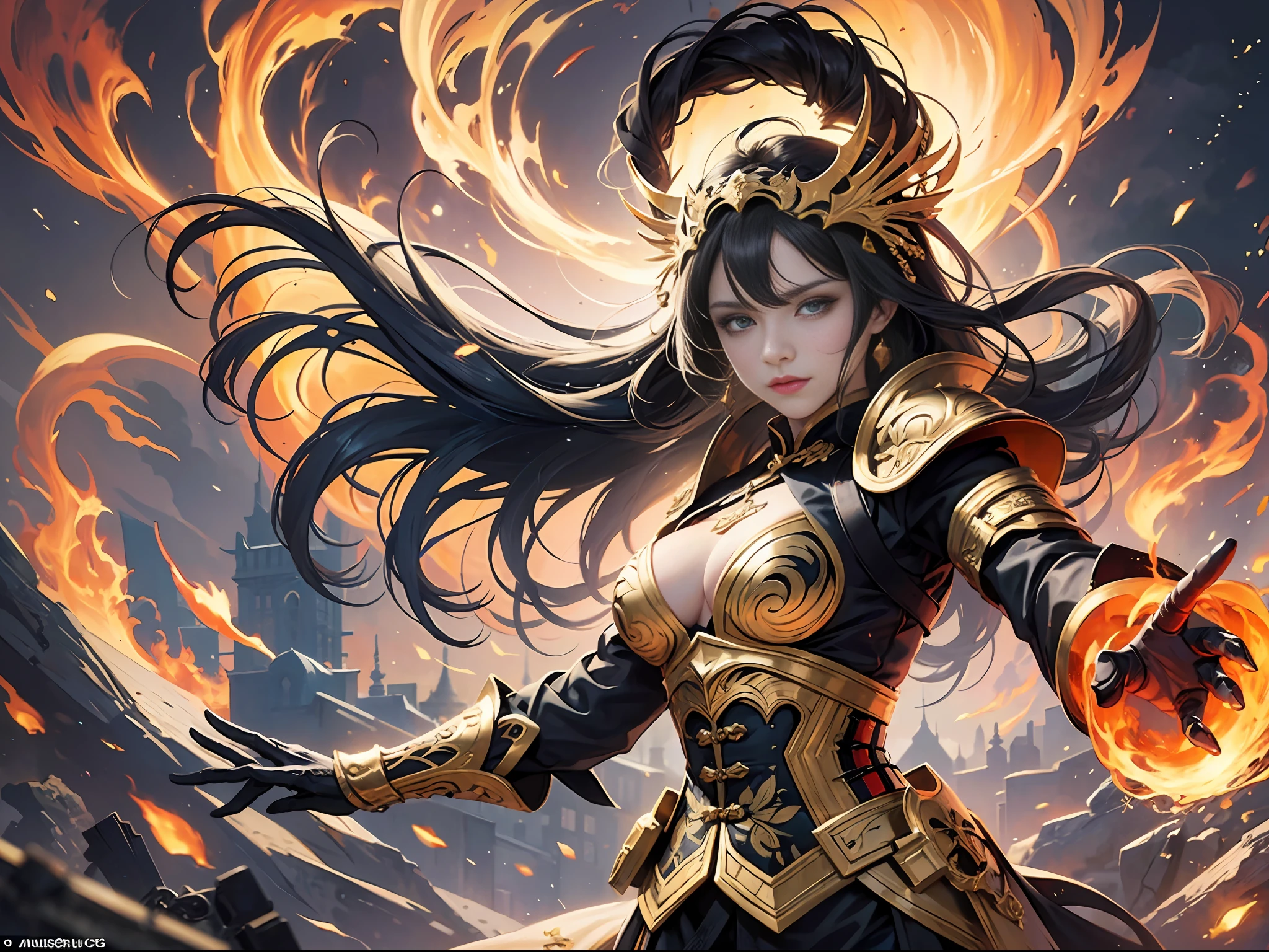 (masterpiece:1.2, best quality:1.1),8K,intricate details,HD,best illustration,wall-paper,(intricate details:0.9), 1girl,solo,hair color,helmet,black|golden armor,exquisite pattern,Perfect pattern,Splash ink,Flags flying,Flames flying,Dynamic picture,Gorgeous, epic, Chinese, battlefield atmosphere, flags flying, ink dancing:1.6,Blood, flying blood, blood spatter:1.2,Motion picture --auto --s2