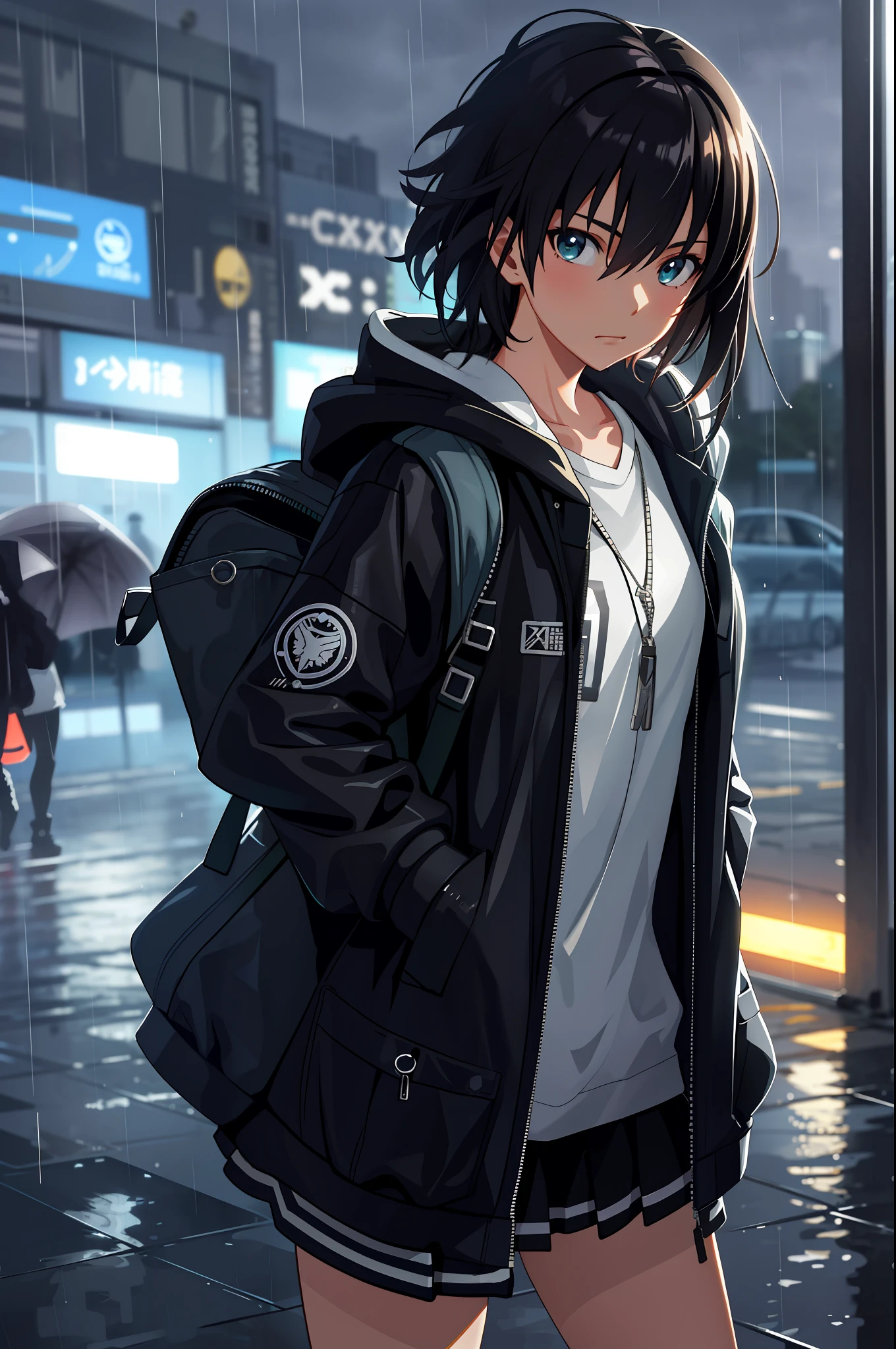 1girl, jacket, rain, outdoor, hoodie, open jacket, chain, backpack, looking at another, messy hair, trending on artstation, 8k resolution, highly detailed, anatomically correct, sharp image, digital painting, concept art, trending on pixiv, style of makoto shinkai,