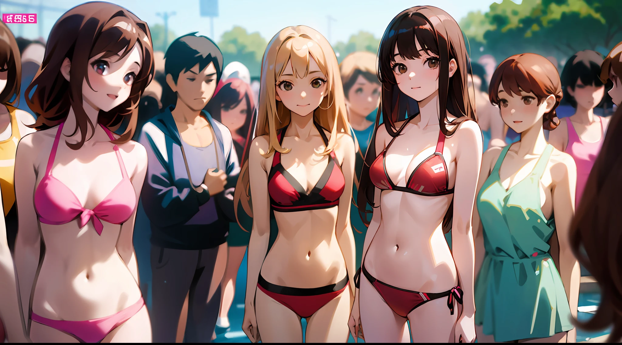 {{age female, caucasian, hundreds of girls, many girls, crowd shot}}, looking at viewer, hazel eyes, extremely detailed, brown hair, blonde hair, red hair, black hair, pink bikinis, pool, matching bikinis, crowd of girls, happy, best quality, high quality, extremely detailed anime screencap