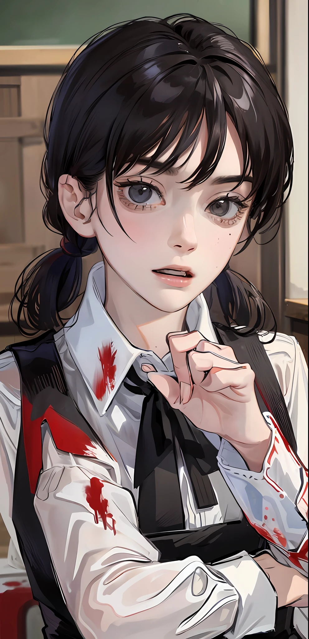 ((masterpiece, best quality)), (1girl), (solo), (female focus), Asa Mitaka \(chainsaw man\),(very detailed face, real image, realistic skin, realistic body, intricate details), upper body, dark eyes, bandages over the body, black hair, far sleeve shirt, pinaforee dress, black tie, bandages, blood, bandages, bandages, blood, blood, small breasts, classroom, students, Blur background