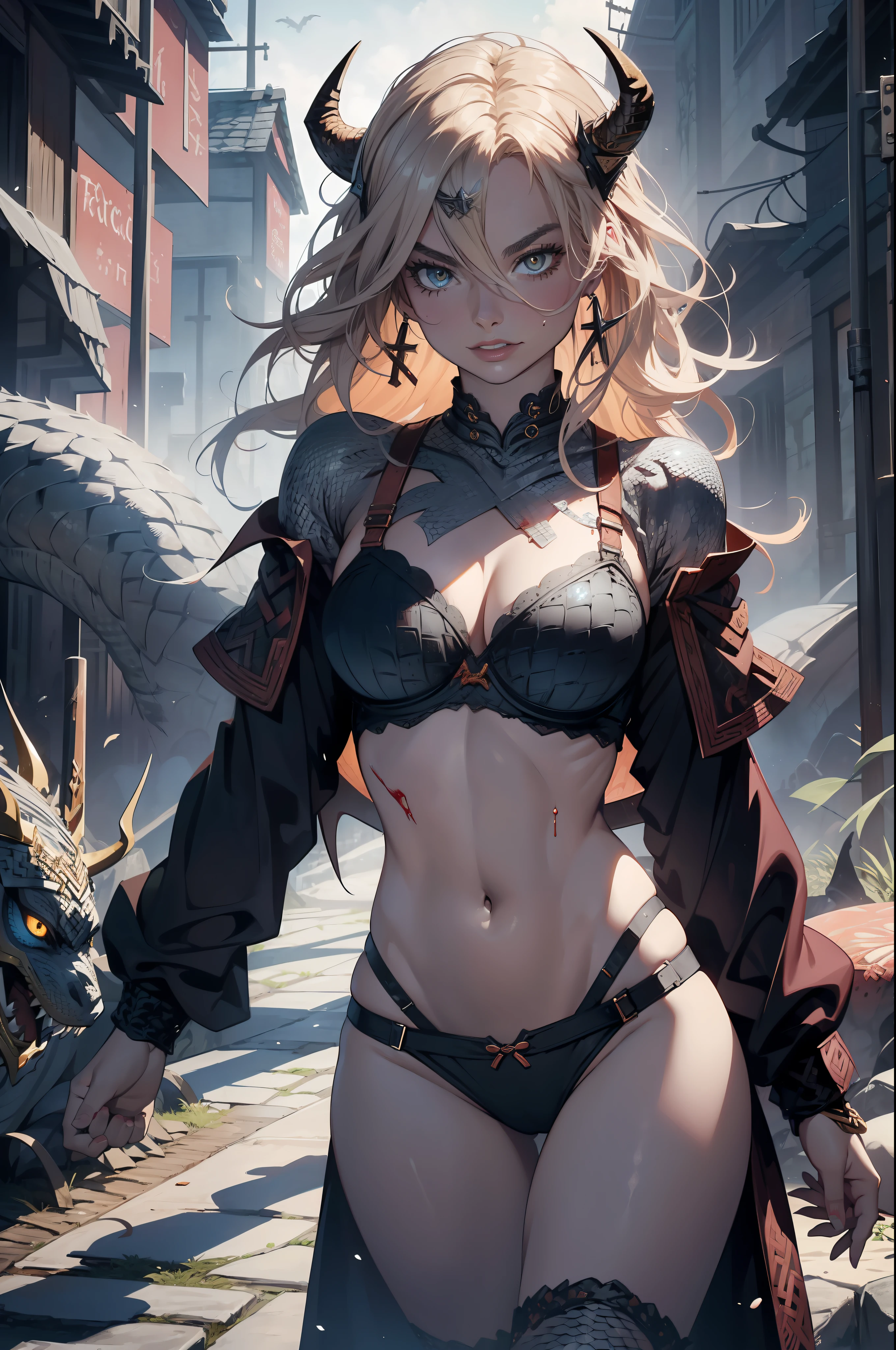 ((Margot Robbie)), Beautiful full-bodied woman, 30 years old, muscular and perfect body, (((Viking warrior))), long dark orange hair with moths and with little clothing, tiny thong, (((bra made of dragon scales))), holding the severed head of a demon, large breasts, generous neckline, ((holding a bloody Nordic sword)), splashed blood on the body, brave face,  Dark kingdom, sexy pose, walking in a wilderness, active volcano in the background, medieval era