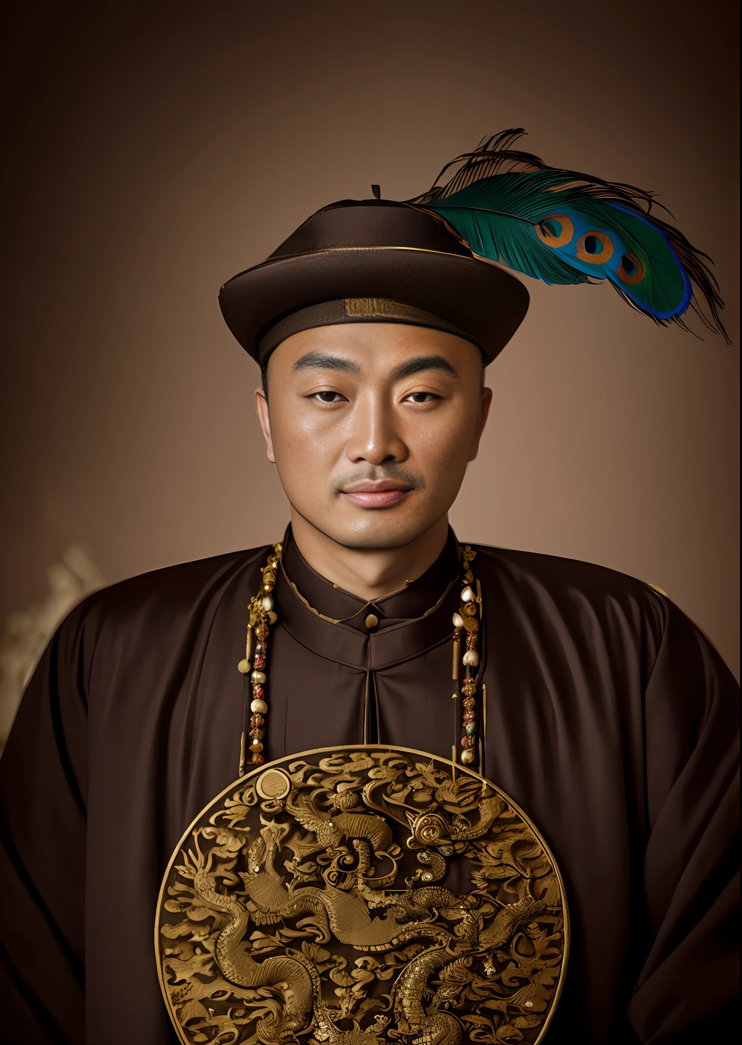 An ancient Chinese emperor, wearing a black hat, about 25 years old, a peacock feather on the hat, brown silk official uniform, openwork embroidered gold dragon on the clothes, wearing a jewel bead necklace, detailed clothing details, realistic facial close-up, character photography, solid color simple background, ambient light, background light, Tyndall light
