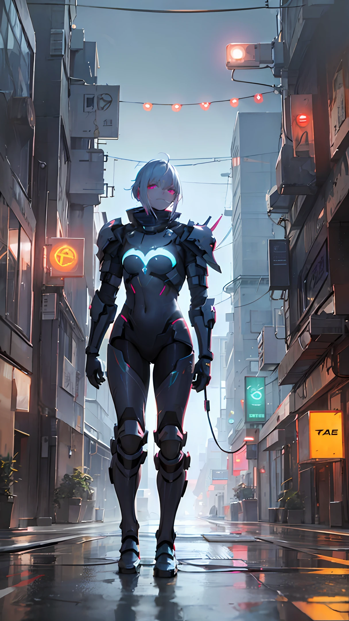 a futuristic cyperpunk full body knight wearing a glowing chrome T-shirt walking in a neon light cyberpunk city, octane render, rain, --auto --s2