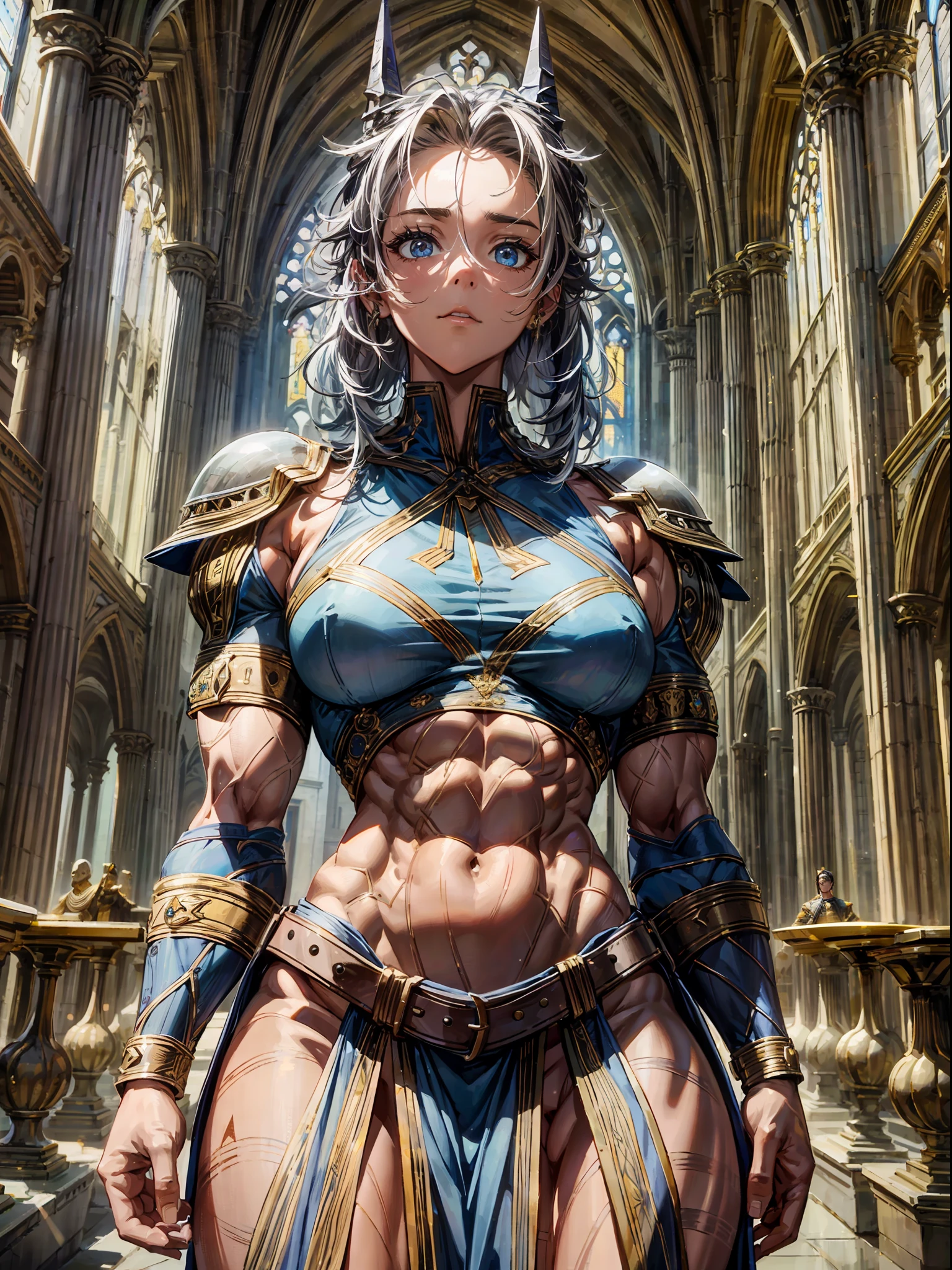 "An incredibly hyper-realistic depiction of a powerful, muscular crusader girl standing tall in front of a stunning medieval church backdrop. She features a striking short hairdo with a perfectly symmetrical appearance, all captured in breathtaking 8k resolution."