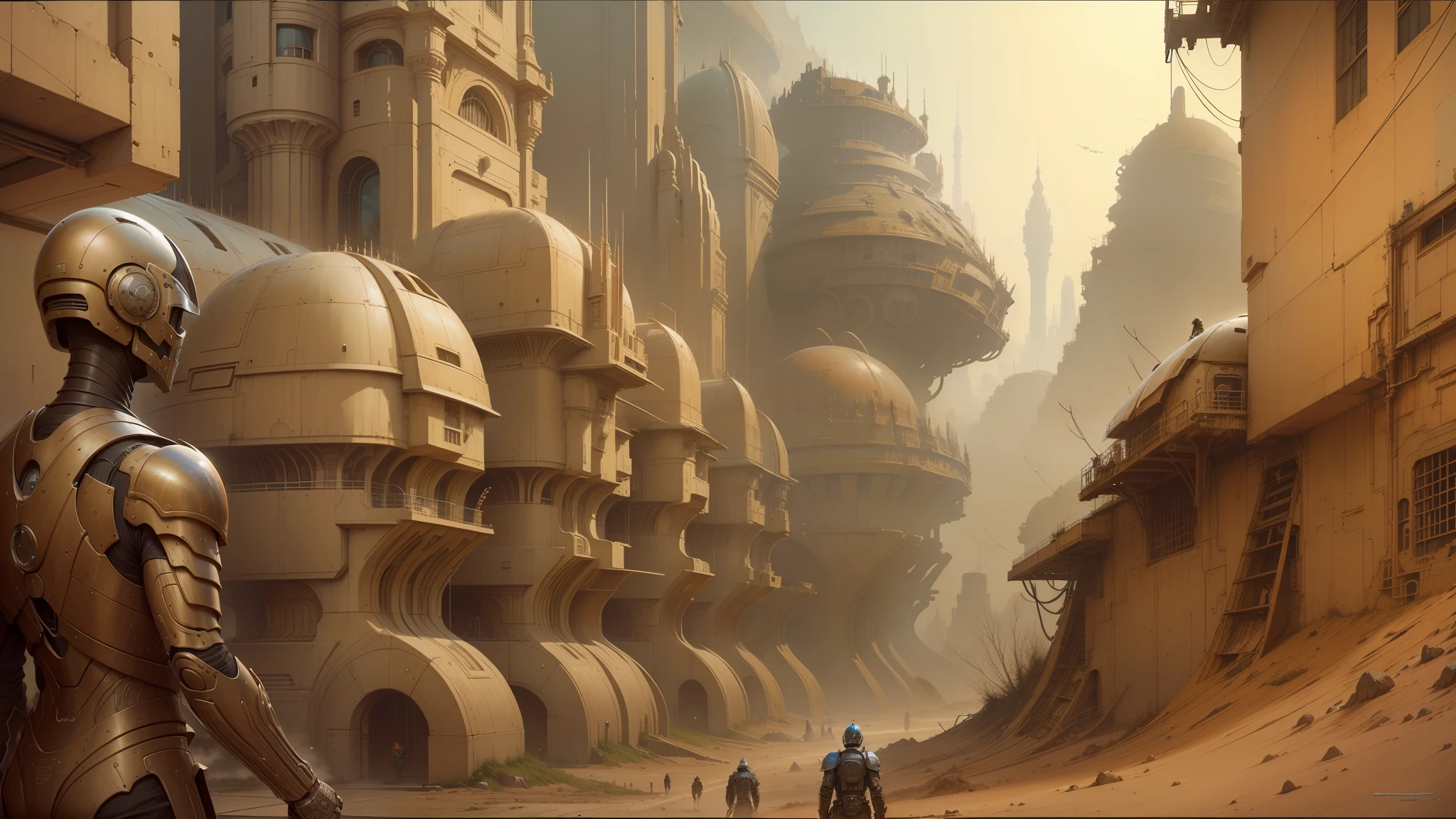 there is a painting of a man in a helmet and armor, peter gric and dan mumford, craig mullins nekro, by Peter Gric, style of jim burns, inspired by Stephan Martiniere, cgsociety ), cybernetic civilizations, cybernetic civilisations, fractalpunk, award winning scifi art, by Ian Miller --auto --s2