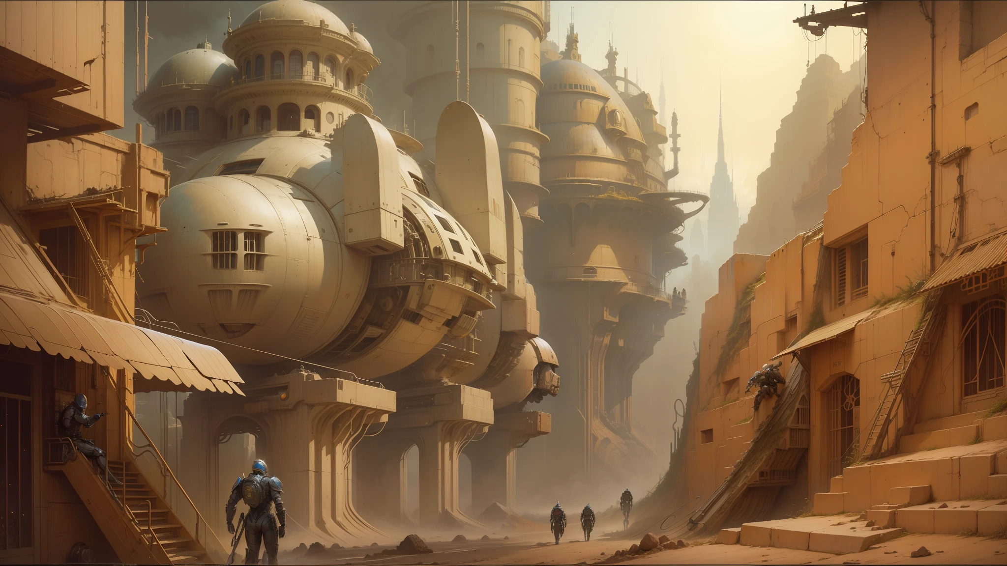 there is a painting of a man in a helmet and armor, peter gric and dan mumford, craig mullins nekro, by Peter Gric, style of jim burns, inspired by Stephan Martiniere, cgsociety ), cybernetic civilizations, cybernetic civilisations, fractalpunk, award winning scifi art, by Ian Miller --auto --s2
