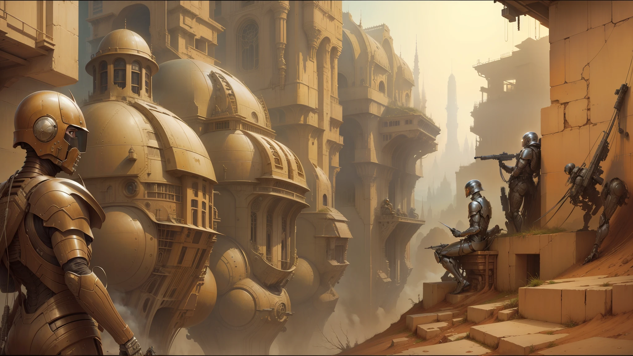 there is a painting of a man in a helmet and armor, peter gric and dan mumford, craig mullins nekro, by Peter Gric, style of jim burns, inspired by Stephan Martiniere, cgsociety ), cybernetic civilizations, cybernetic civilisations, fractalpunk, award winning scifi art, by Ian Miller --auto --s2