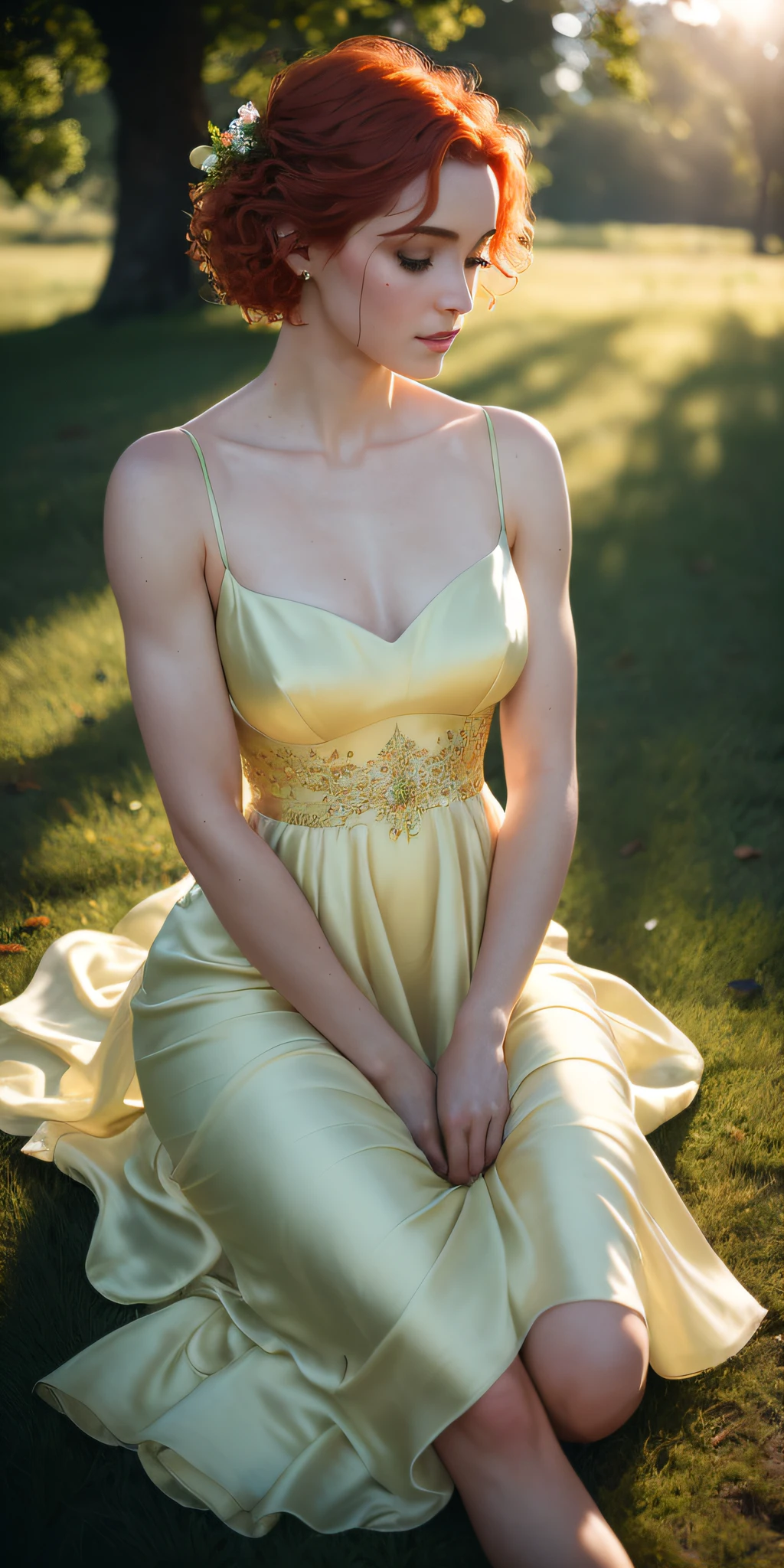 Masterpiece, (((full figure))) entire body in frame, (((magical lighting action shot))) (((beautiful slight smile anorexic pale goddess irrish woman sitting on ground, camera on the ground))), (((silk green intricate wedding dress))) , (((short redhead hair))) sunset lighting, golden hour, golden colors, very detailed, dramatic lighting, digital art trending on Artstation 8k HD high definition detailed realistic, detailed, skin texture, hyper detailed, realistic skin texture, armature, best quality, ultra high res, (photorealistic:1.4), high resolution, detailed, raw photo, sharp re, by lee jeffries nikon d850 film stock photograph 4 kodak portra 400 camera f1.6 lens rich colors hyper realistic lifelike texture dramatic lighting unrealengine trending on artstation cinestill 800, (((accurate female anatomy)))