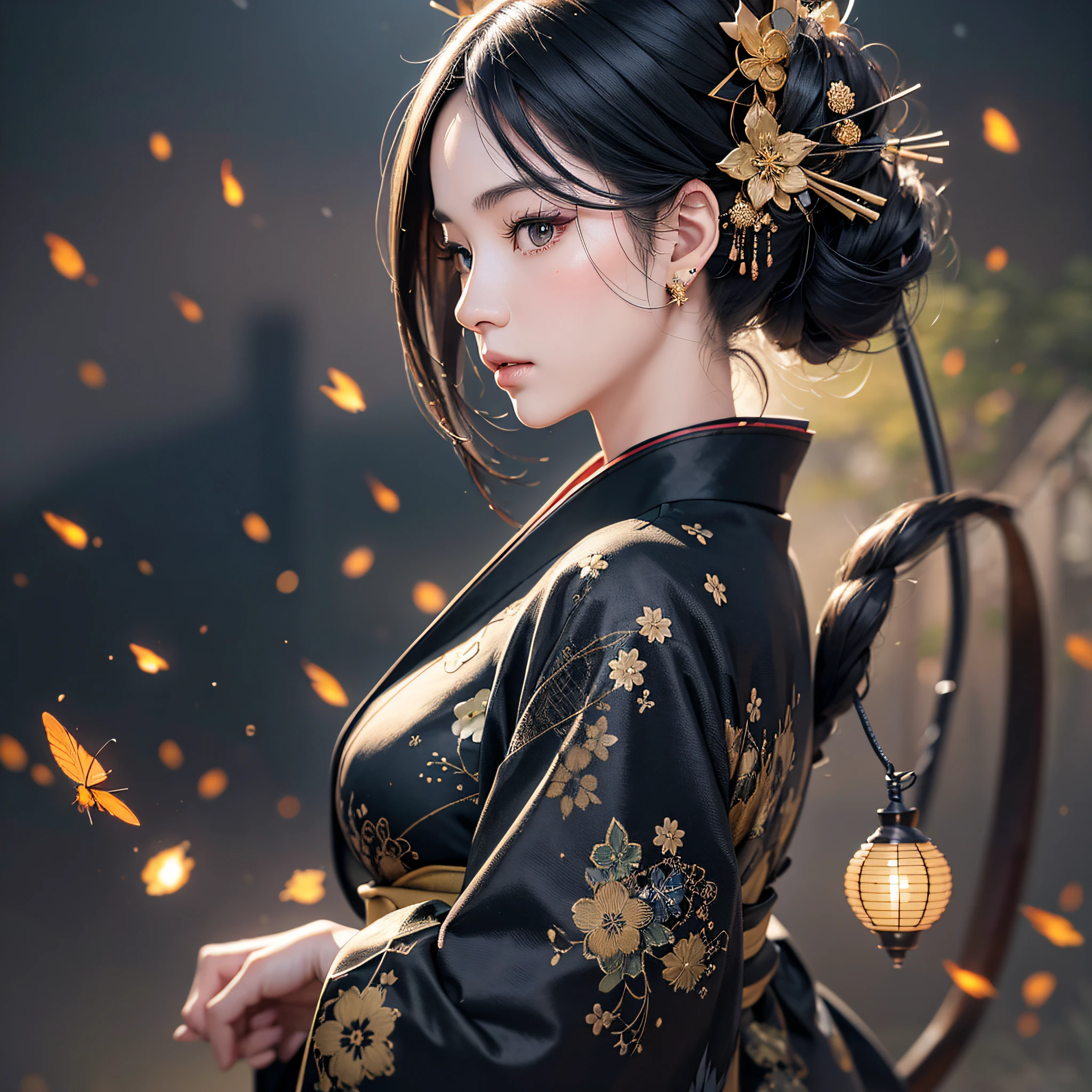 Japan, beauty, black kimono, japanese style, black hair, earring, realistic, 8K high resolution, super detail, high quality texture, intricate detail, very detailed CG, high quality shadow, detail beautiful delicate face, ray tracing, sideways, upper body only, profile, looking far away, fireflies flying background, hazy background --auto --s2