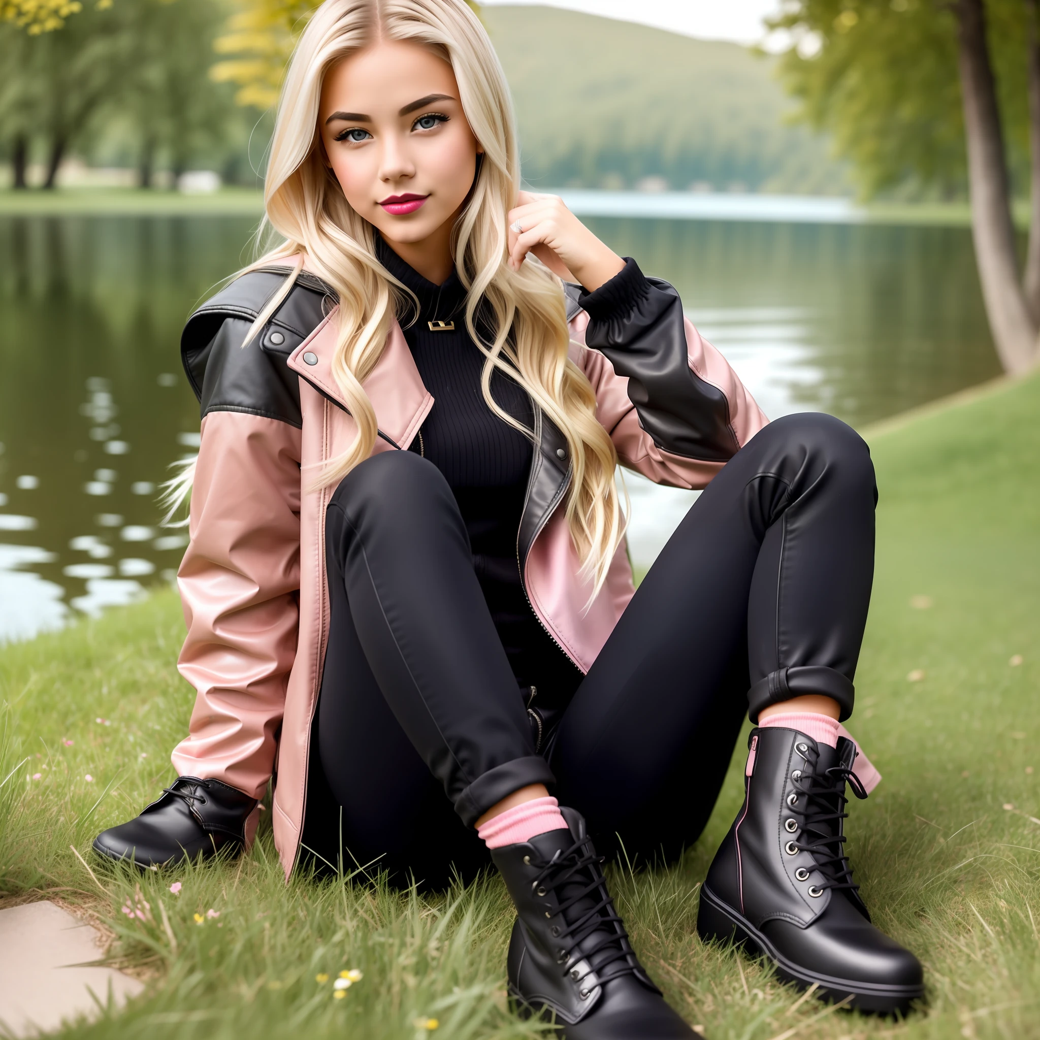 A beautiful girl with much blonder hair and half black in the upper parts, eyes brown color, half thin and medium height, sitting on a lawn with a lake background, focus on her, pink boots, pink lipstick and black jacket --auto --s2