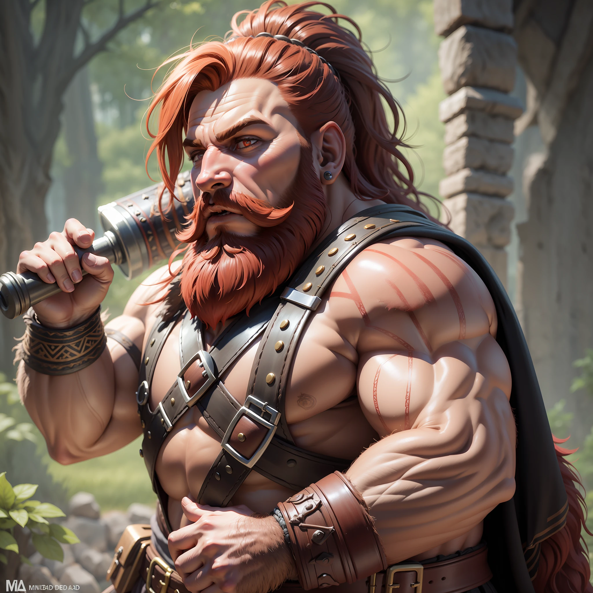 create a dwarf bard barbarian with dark red hair and beard realistic detailed using a maul 3d muscular dark souls in a stage