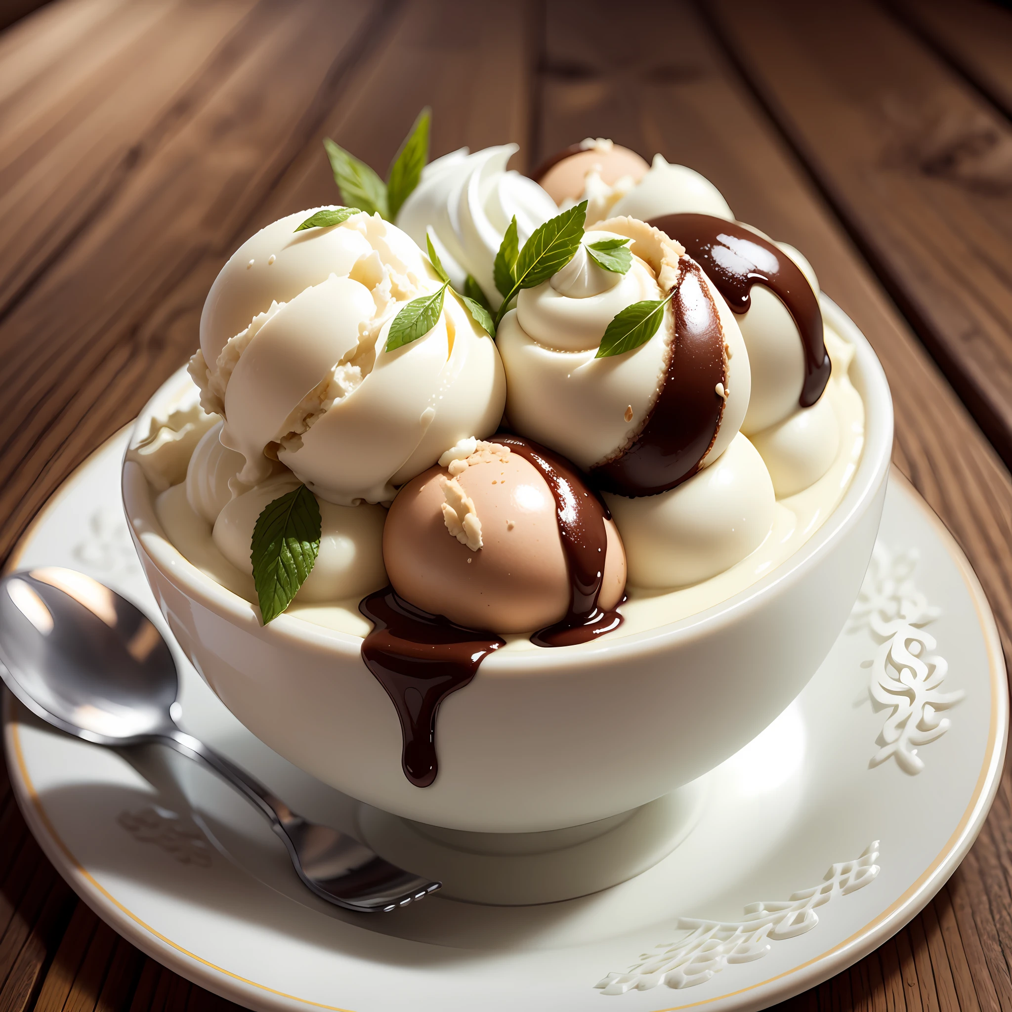 The ice cream has a smooth, uniform cream color, providing an attractive and inviting appearance. The texture is creamy and smooth, indicating its smooth consistency when served.

When poured into a bowl or ice cream cone, vegan vanilla ice cream forms a generous, fluffy mound. The surface is level and shiny, and may have small frozen air bubbles, which adds a visual charm to the dessert.

If you wish, you can add some extra visual elements to the ice cream, such as a touch of color or texture. This can be done by adding toppings such as vegan caramel syrup, vegan chocolate chips, sliced almonds, or coconut shavings on top. These additions not only enhance the visual aspect of the ice cream, but also provide a richer experience in flavor and texture.

When serving the vegan vanilla ice cream at a special occasion or for guests, you can complement the presentation with an additional decoration, such as a fresh mint leaf or fruit slice next to the bowl. This will add a touch of elegance and visual freshness to the dessert.

Overall, Vegan Vanilla Ice Cream has an inviting, creamy and eye-pleasing appearance. Its soft color, smooth texture, and potential for customization allow it to be served as a visually appealing and delicious dessert. --auto --s2