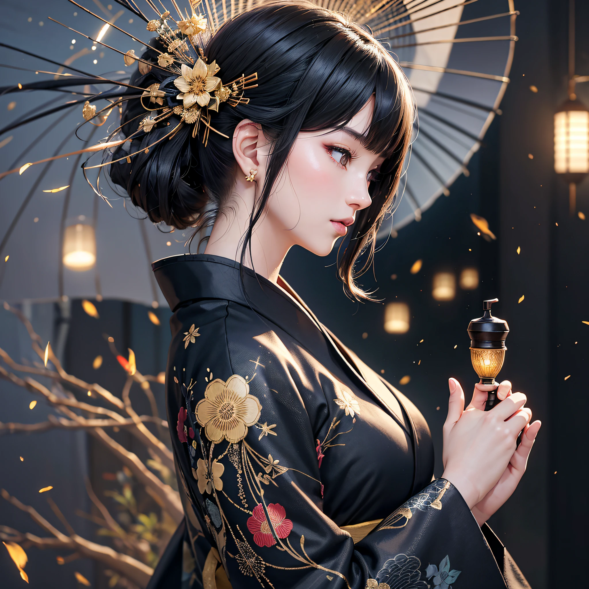 Japan, beauty, black kimono, japanese style, black hair, earring, realistic, 8K high resolution, super detail, high quality texture, intricate detail, very detailed CG, high quality shadow, detail beautiful delicate face, ray tracing, sideways, upper body only, profile, looking far away, fireflies flying background, hazy background --auto --s2