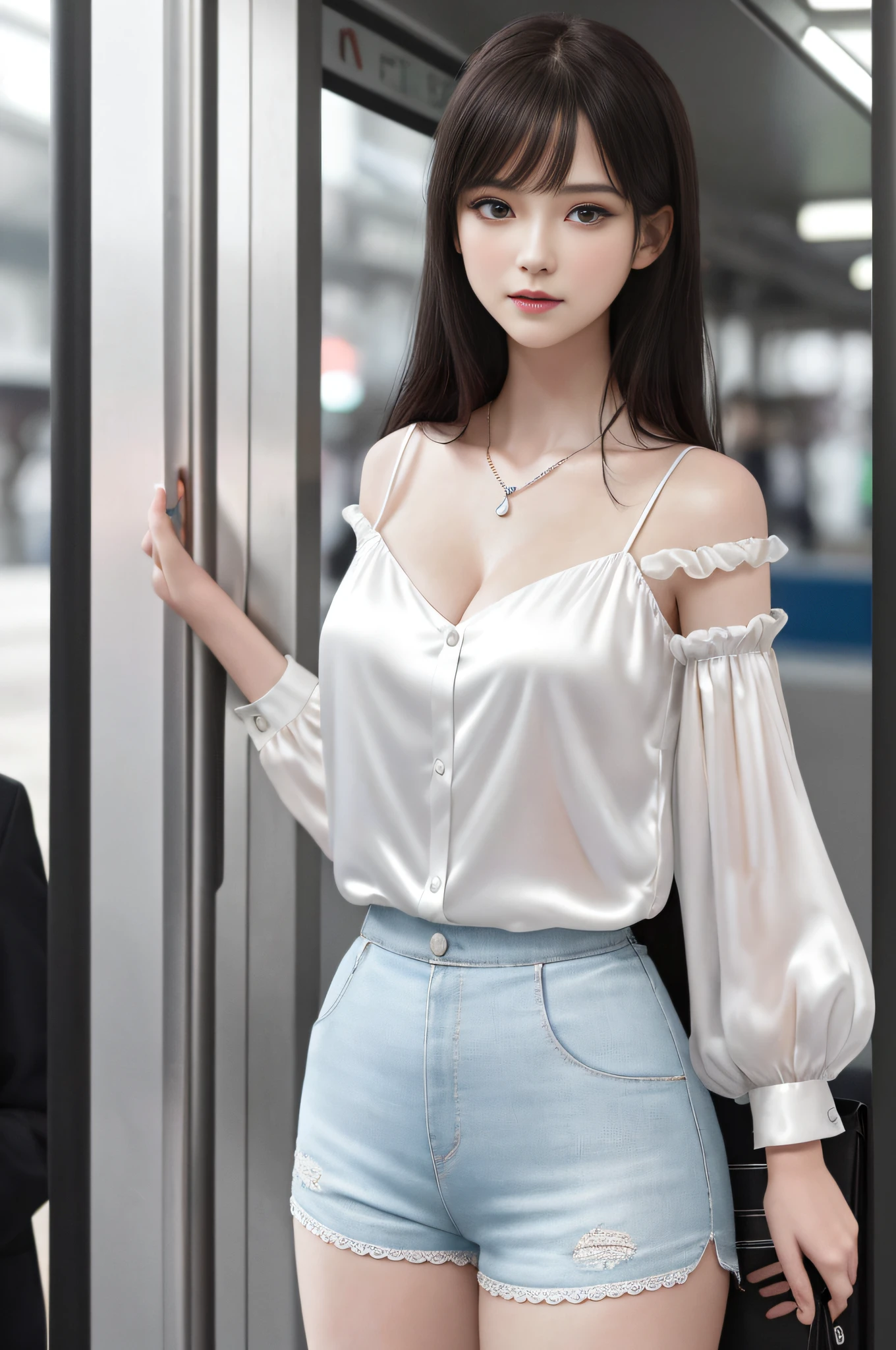 (Masterpiece: 1.3), (Photo Realisticity: 1.2), (Very Detailed CG: 1.0), (Complex Detail: 1.2), Textured Skin, {Best Quality}, {Highres}, Beautiful and Charming Girl, Bust Photo, Sexy Beautiful Legs, 18 years old, Delicate and charming little face, Smiling, Slim and charming body, Delicate and charming collarbone, Sapphire necklace, air bangs, Black hair, bright big eyes, pink lips, double eyelids, deep cleavage, (Clear white silk shirt, tight super shorts), standing in front of subway station waiting for train, bright background, 8K HD, super detail, high quality texture, complex details, detailed texture, fine details, high detail, very detailed cg, delicate beautiful and delicate face