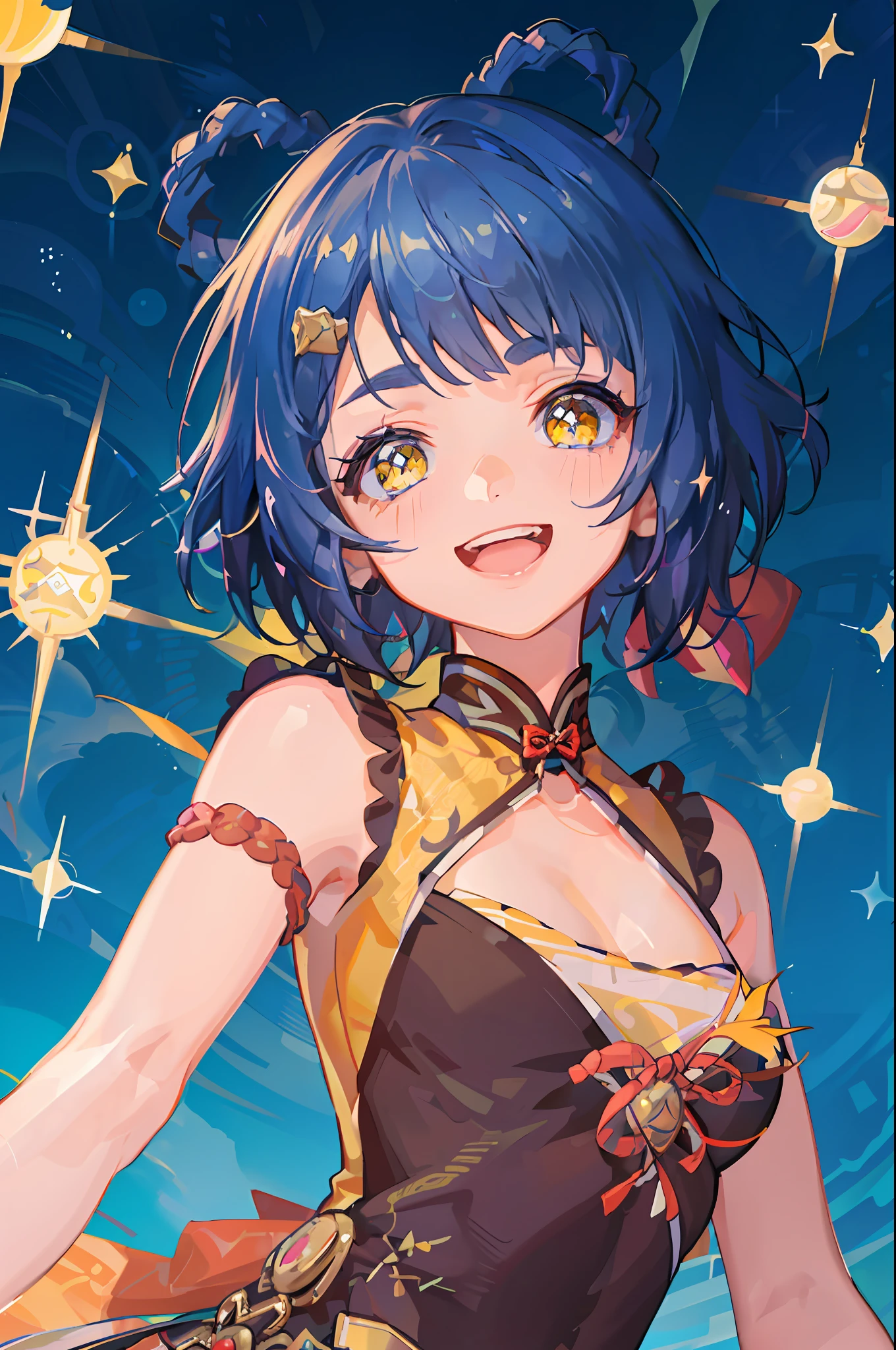 absurdres, highres, ultra detailed, 1girl, solo, extremely detailed eyes, (official art, beautiful and aesthetic:1.2), (1girl), extreme detailed,colorful,highest detailed, short blue hair with 2 braids on top of the head, yellow chinese clothes, excited, stars in her eyes, happy smile, kawaii sparkles