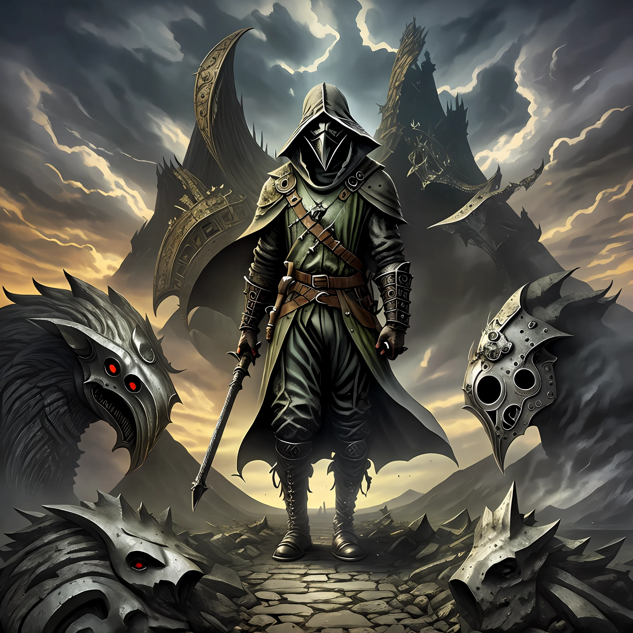 a dark fantasy plague doctor in front of a mountain of skulls --auto --s2