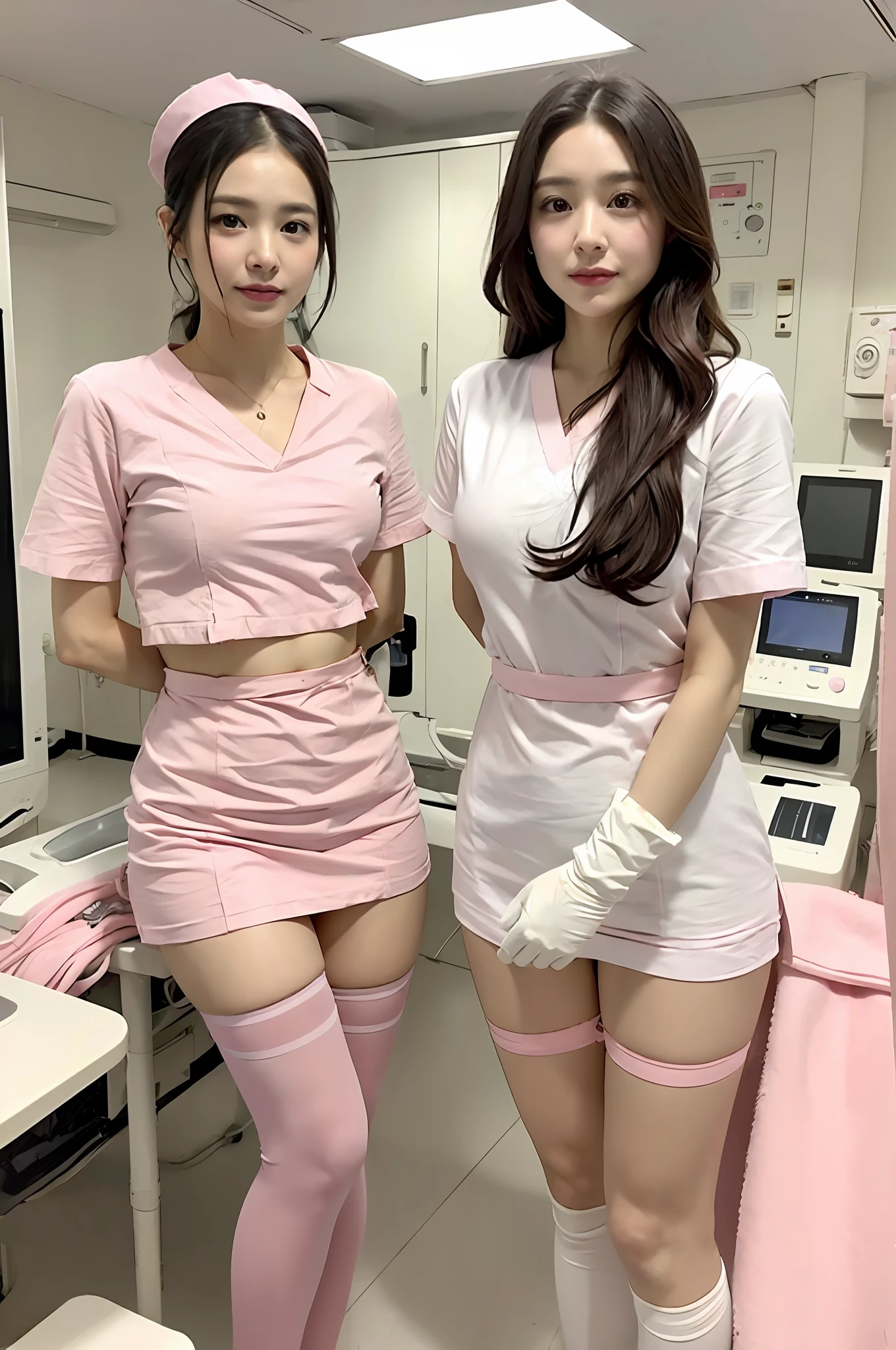 (RAW Photo, Best Quality), (Realistic, Photo Realistic: 1.3), Wide Angle Photo, Masterpiece, 2 Girls, Cute, Young, Perfect Body, Korean Top Beauty, (Full Body: 1.3), Realistic Face, Standing, Diffuse Light, Create Soft, Uniform Glow
In hospitals ((operating rooms)), surgical gloves, medical equipment, anesthesia machines
((((white and pink))))) nurse uniform smooth, slim, open, see-through, exposed chest, perfect breasts and buttocks, slim legs, nurse, nurse cap, stethoscope, black stockings, sitting side by side, small fair pink feet