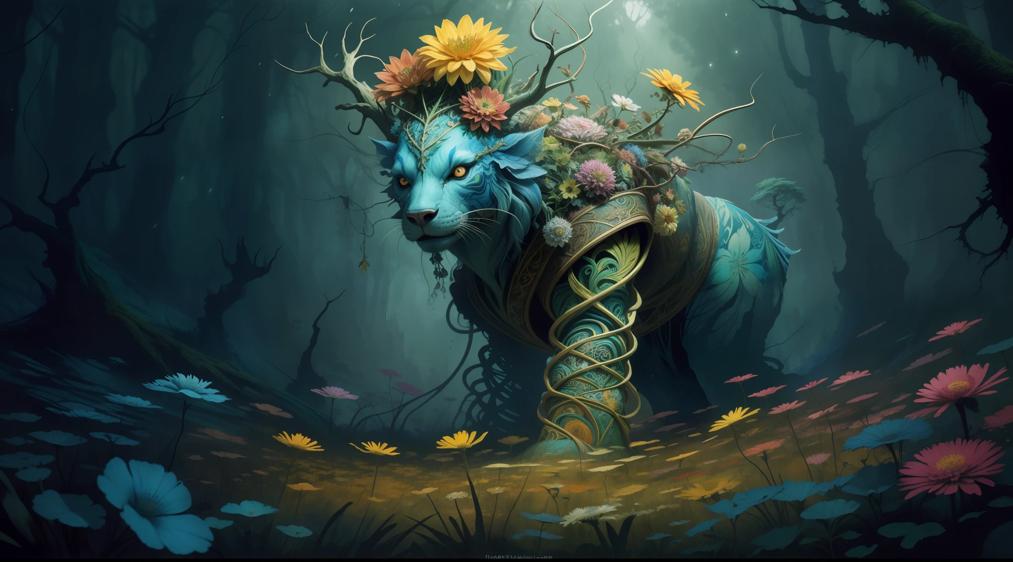 horror art, fear, unified 8k wallpaper, super detailed, beauty and aesthetics, masterpiece, best quality, (zentangle, mandala, tangles, entanglements), 1girl, (shimmering tulle earth tones intricate flower woven robes: 1.2), deep and rich black shadows, (up close from the side: 1.1), Mother Earth, smiling, enchanting whimsical fantasy forest background, happiness, enchanting atmosphere, very detailed, dynamic angle, cowboyshot, the most beautiful chaotic forms, elegance, fauvist design, bright colors, romanticism, by James Jean, Robbie Devi Antonio, Ross Tran, Francis Bacon, Michal Mraz, Adrian Gaini, Petra Koreit, Gerhard Richter, Takashi Yamamoto, Ashley Wood, Atmospheric