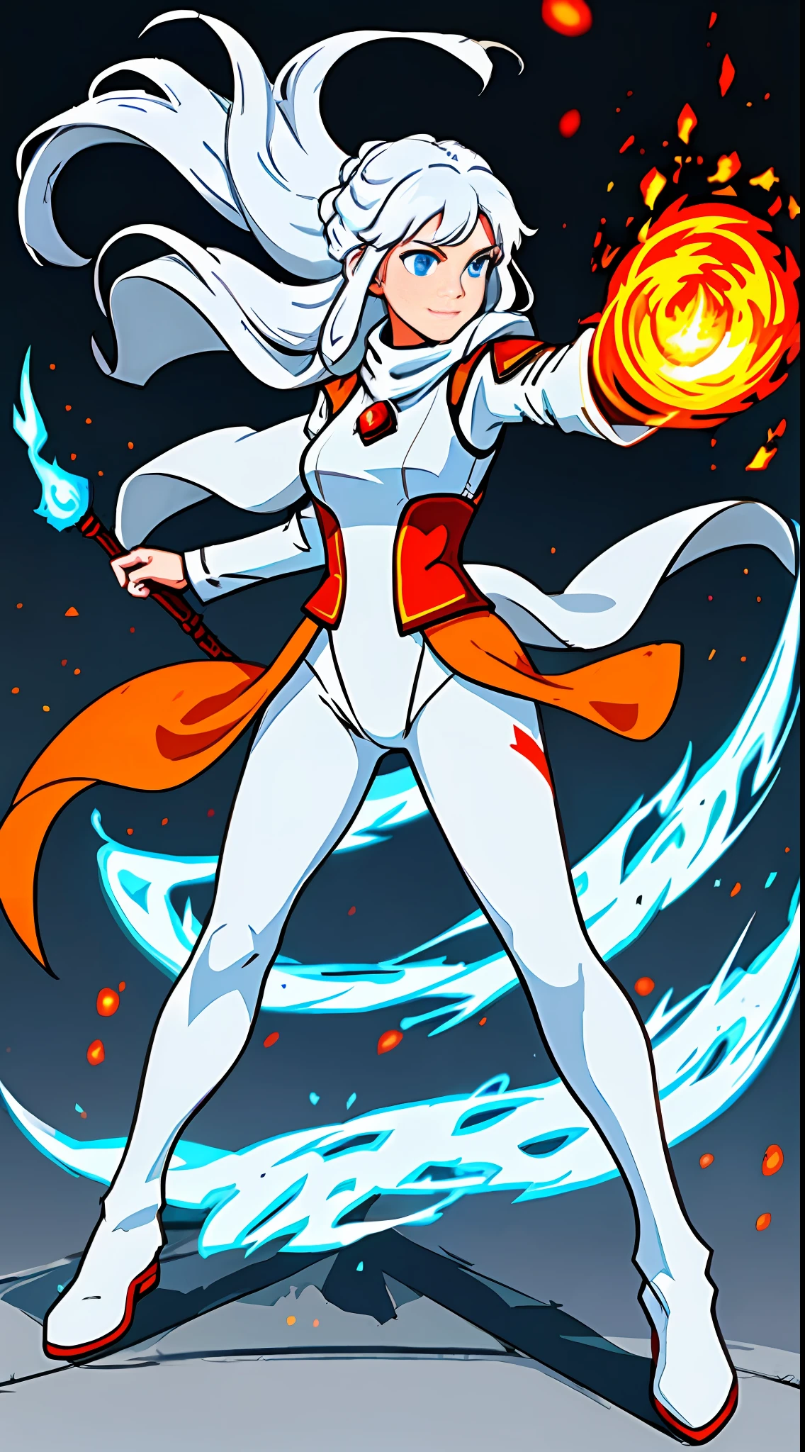 A fire mage woman with a medieval white combat suit she has long white hair and blue eyes, sorceress, full body, whole body standing in battle pose, gray transparent background, ((full body)), full body illustration, attack pose, gentle smile, red fire magic, orange fire around, fire, flames,  pixel art, style pixel, predominant shades of red, fire