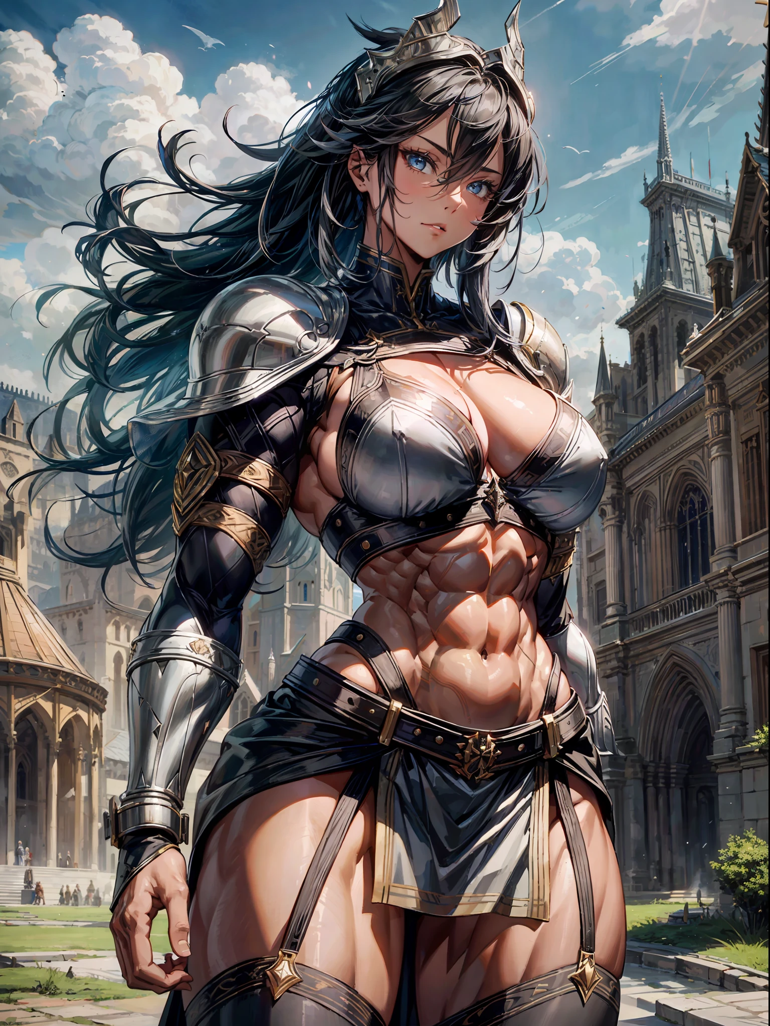 "An incredibly hyper-realistic depiction of a powerful, muscular crusader girl standing tall in front of a stunning medieval church backdrop. She features a striking short hairdo with a perfectly symmetrical appearance, all captured in breathtaking 8k resolution."
