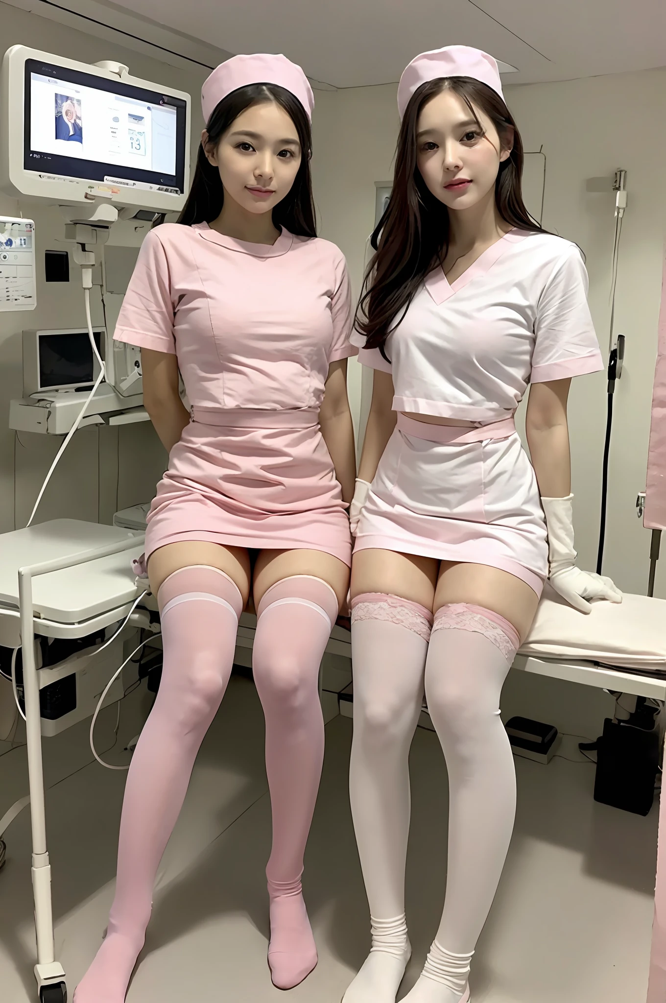 (RAW Photo, Best Quality), (Realistic, Photo Realistic: 1.3), Wide Angle Photo, Masterpiece, 2 Girls, Cute, Young, Perfect Body, Korean Top Beauty, (Full Body: 1.3), Realistic Face, Standing, Diffuse Light, Create Soft, Uniform Glow
In hospitals ((operating rooms)), surgical gloves, medical equipment, anesthesia machines
((((white and pink))))) nurse uniform smooth, slim, open, see-through, exposed chest, perfect breasts and buttocks, slim legs, nurse, nurse cap, stethoscope, ((black stockings, sitting side by side, small fair pink feet)))