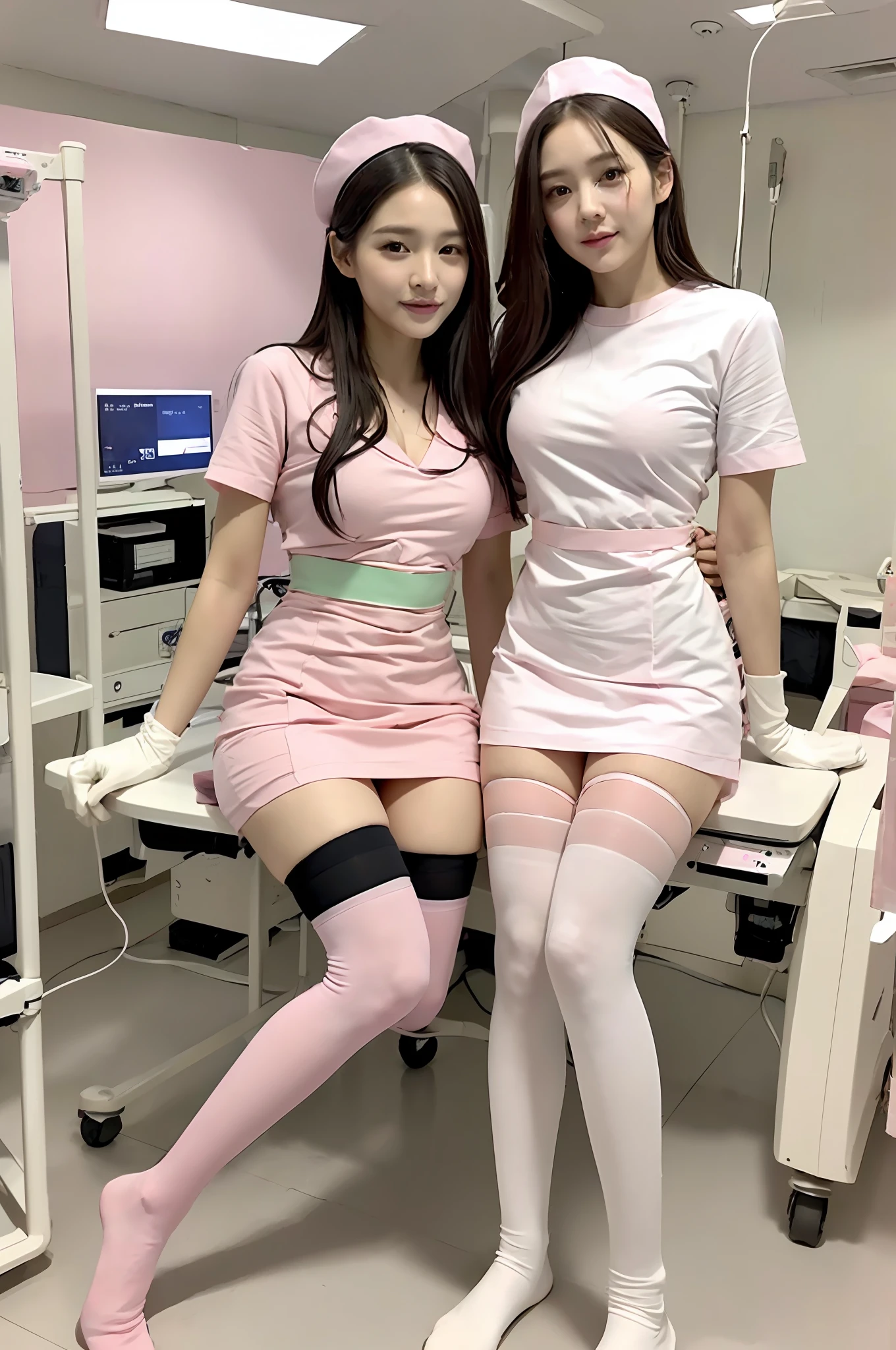(RAW Photo, Best Quality), (Realistic, Photo Realistic: 1.3), Wide Angle Photo, Masterpiece, 2 Girls, Cute, Young, Perfect Body, Korean Top Beauty, (Full Body: 1.3), Realistic Face, Standing, Diffuse Light, Create Soft, Uniform Glow
In hospitals ((operating rooms)), surgical gloves, medical equipment, anesthesia machines
((((white and pink))))) nurse uniform smooth, slim, open, see-through, exposed chest, perfect breasts and buttocks, slim legs, nurse, nurse cap, stethoscope, ((black stockings, sitting side by side, small fair pink feet)))