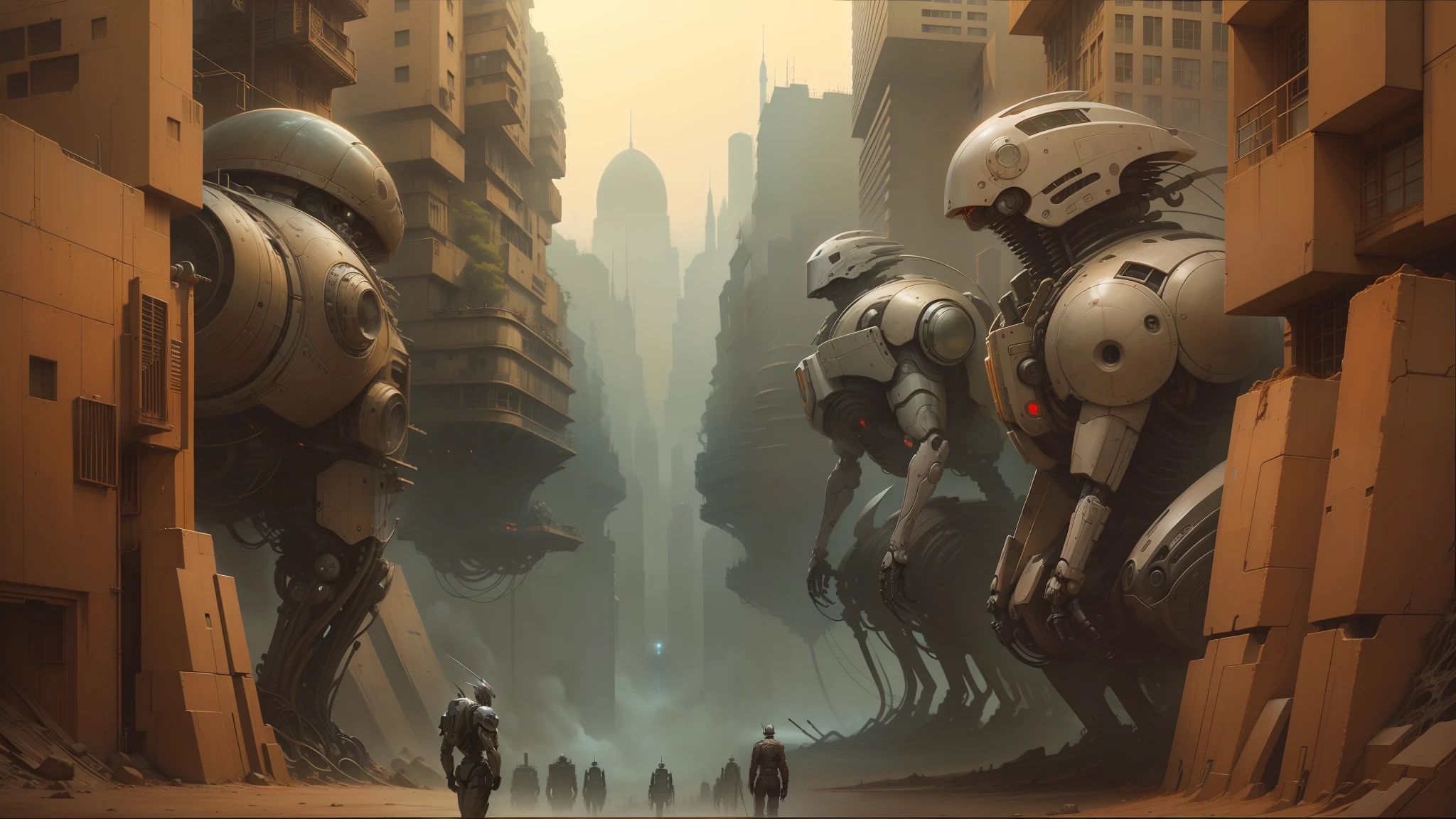 there are many robots that are standing in the middle of a city, peter gric and dan mumford, craig mullins nekro, by Peter Gric, style of jim burns, inspired by Stephan Martiniere, cgsociety ), cybernetic civilizations, cybernetic civilisations, fractalpunk, award winning scifi art, by Ian Miller --auto --s2