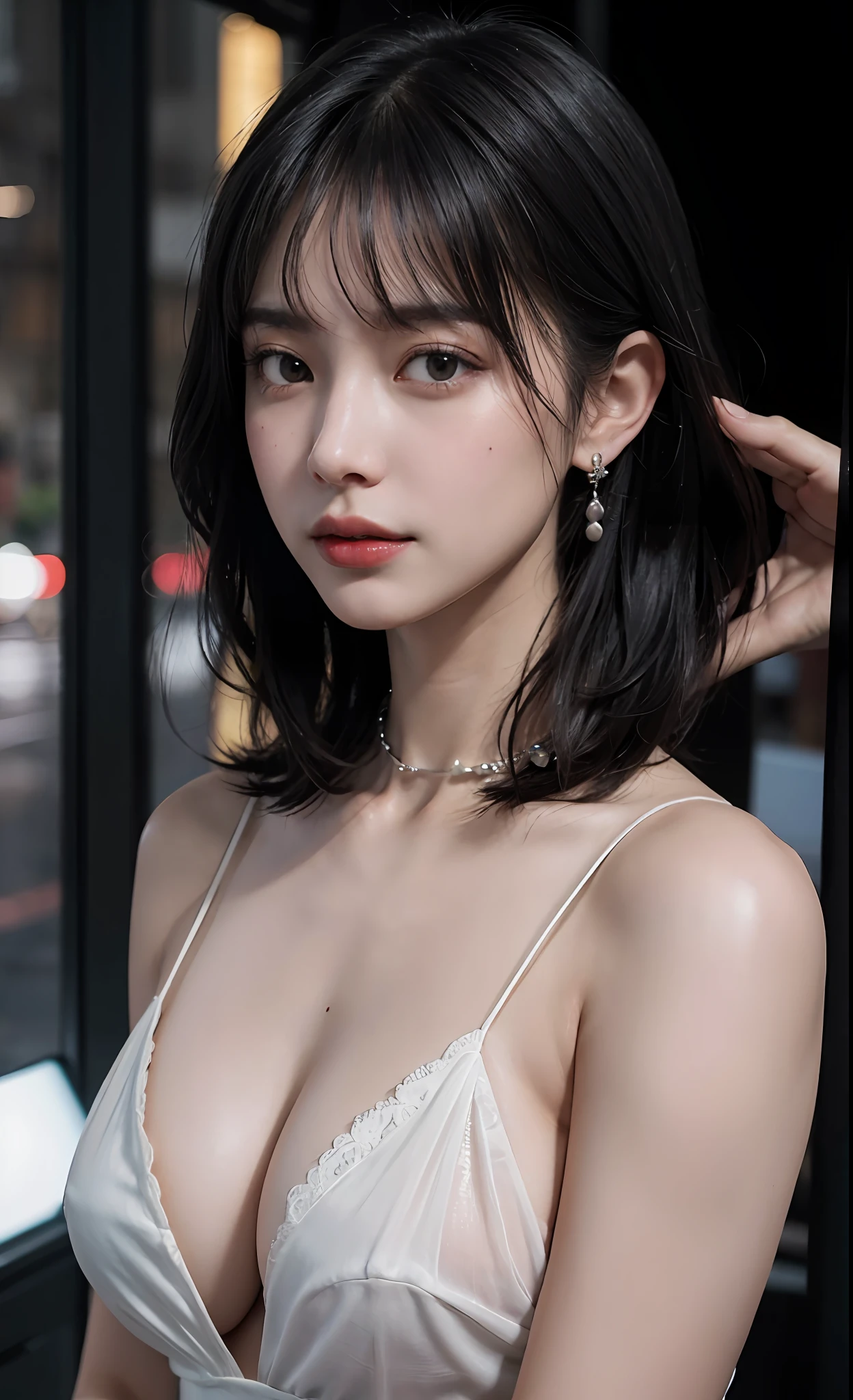 mix4, (8k, RAW photo, best quality, masterpiece: 1.45), (realistic, photorealistic: 1.37), one girl, pale skin, cityscape, night, rain, wet, professional lighting, photons mapping, radiosity, physically based rendering, gradient black hair, gray hair, short curly hair, handsome, girl, black sheer lace(((Deep V-neckline)))slip dress, top quality photo, high res, 1080p, (clear face), (detailed face description), (detailed hand description), (masterpiece), (exquisite CG), extreme light and shadow, disheveled hair, master work, rich details, (fine facial features), (highest quality photo), (masterpiece), (detailed eyes), look in front of you eyes, fine clavicle, ((big breasts, huge areola)),(((areola_slip))),((puffy areolae)),((sideboob)),(underboob),(((collar))),earrings,cleavage,(NSFW:1.3)