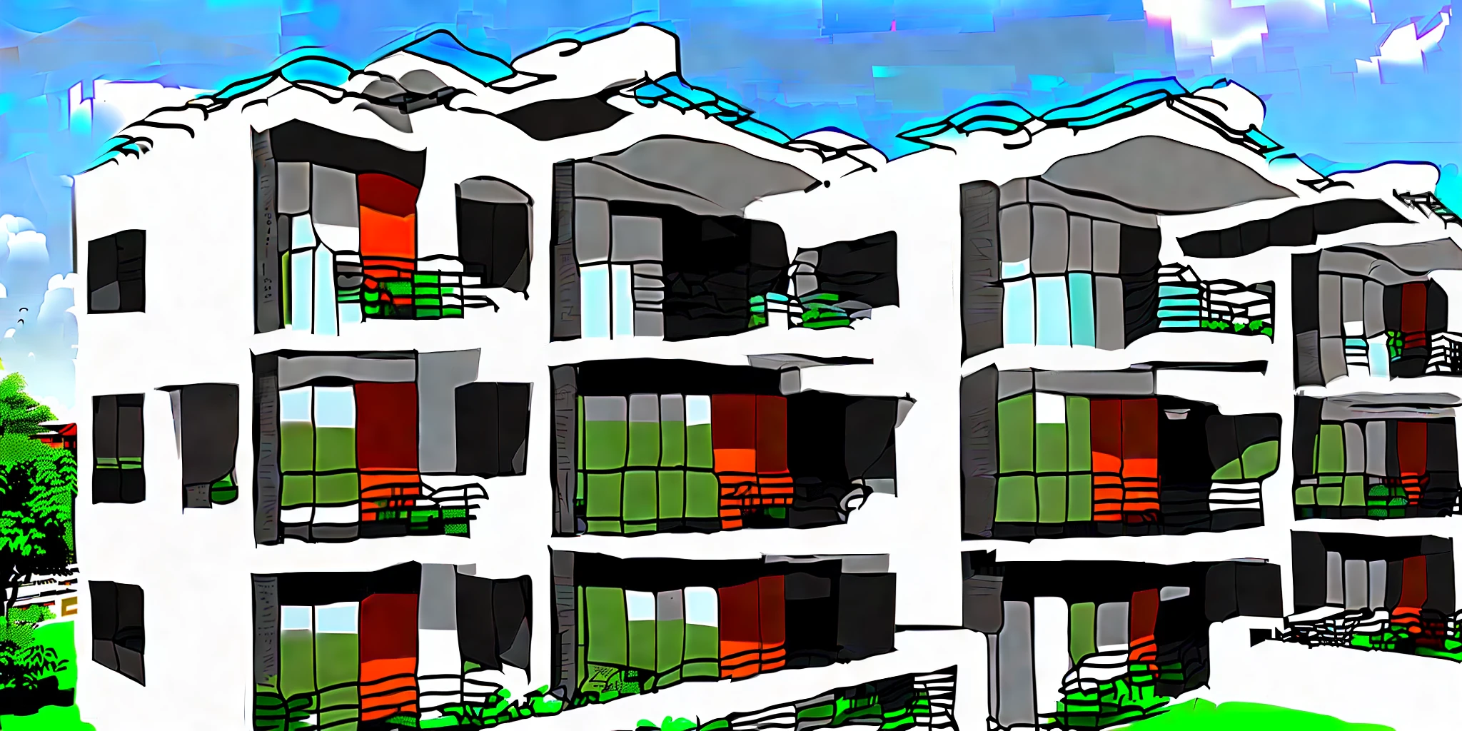 Photo of a set of houses with 7m of front and no more than two floors separated from each other as a condominium, houses of modern architecture with a small cyberpunk touch lined up facing a boulevard
