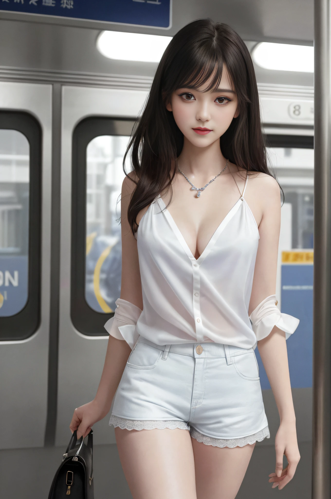 (Masterpiece: 1.3), (Photo Realisticity: 1.2), (Very Detailed CG: 1.0), (Complex Detail: 1.2), Textured Skin, {Best Quality}, {Highres}, Beautiful and Charming Girl, Bust Photo, Sexy Beautiful Legs, 18 years old, Delicate and charming little face, Smiling, Slim and charming body, Delicate and charming collarbone, Sapphire necklace, air bangs, Black hair, bright big eyes, pink lips, double eyelids, deep cleavage, (Clear white silk shirt, tight super shorts), standing in front of subway station waiting for train, bright background, 8K HD, super detail, high quality texture, complex details, detailed texture, fine details, high detail, very detailed cg, delicate beautiful and delicate face