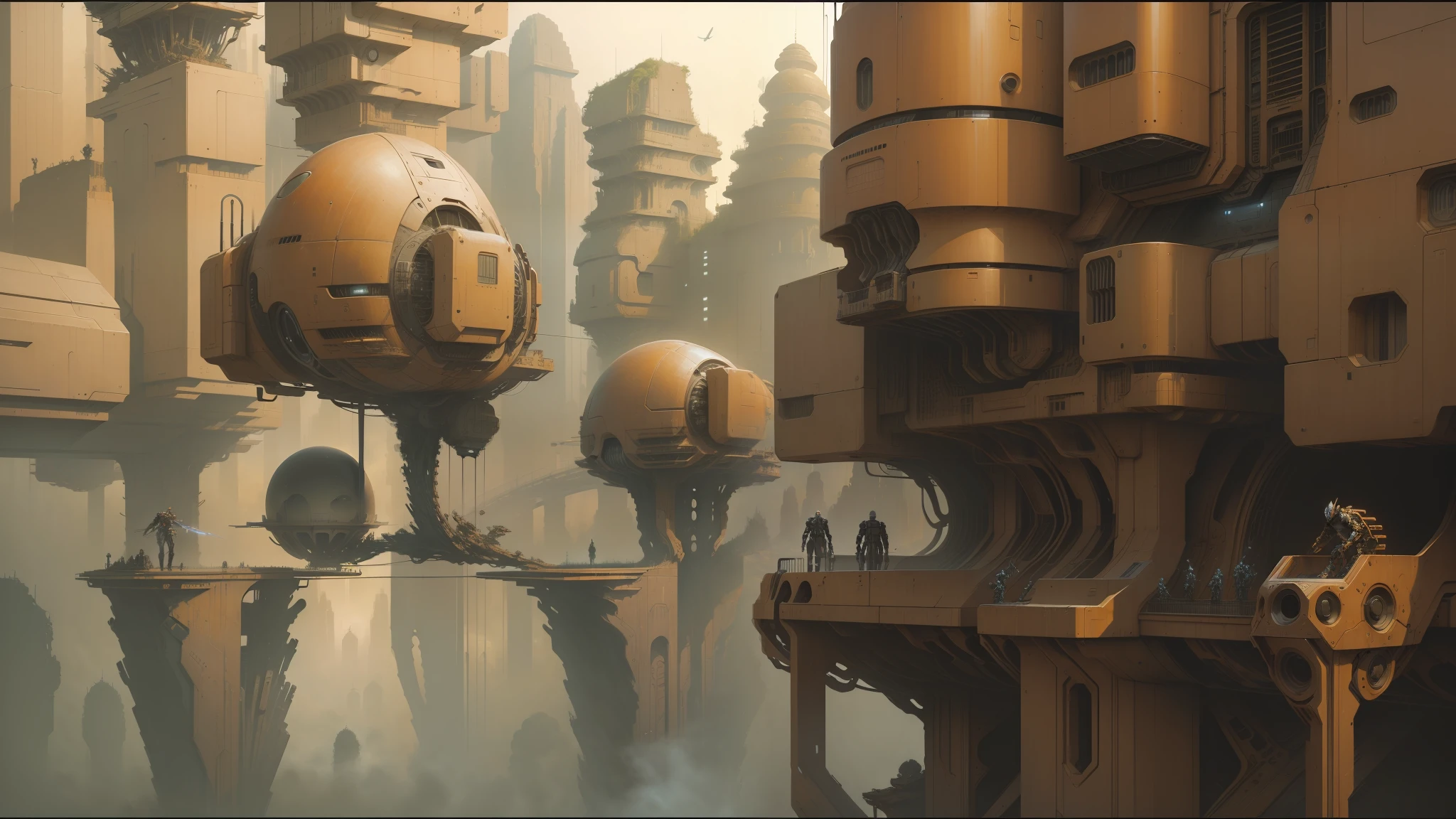 there are many robots that are walking on a bridge, peter gric and dan mumford, craig mullins nekro, by Peter Gric, style of jim burns, inspired by Stephan Martiniere, cgsociety ), cybernetic civilizations, cybernetic civilisations, fractalpunk, award winning scifi art, by Ian Miller --auto --s2