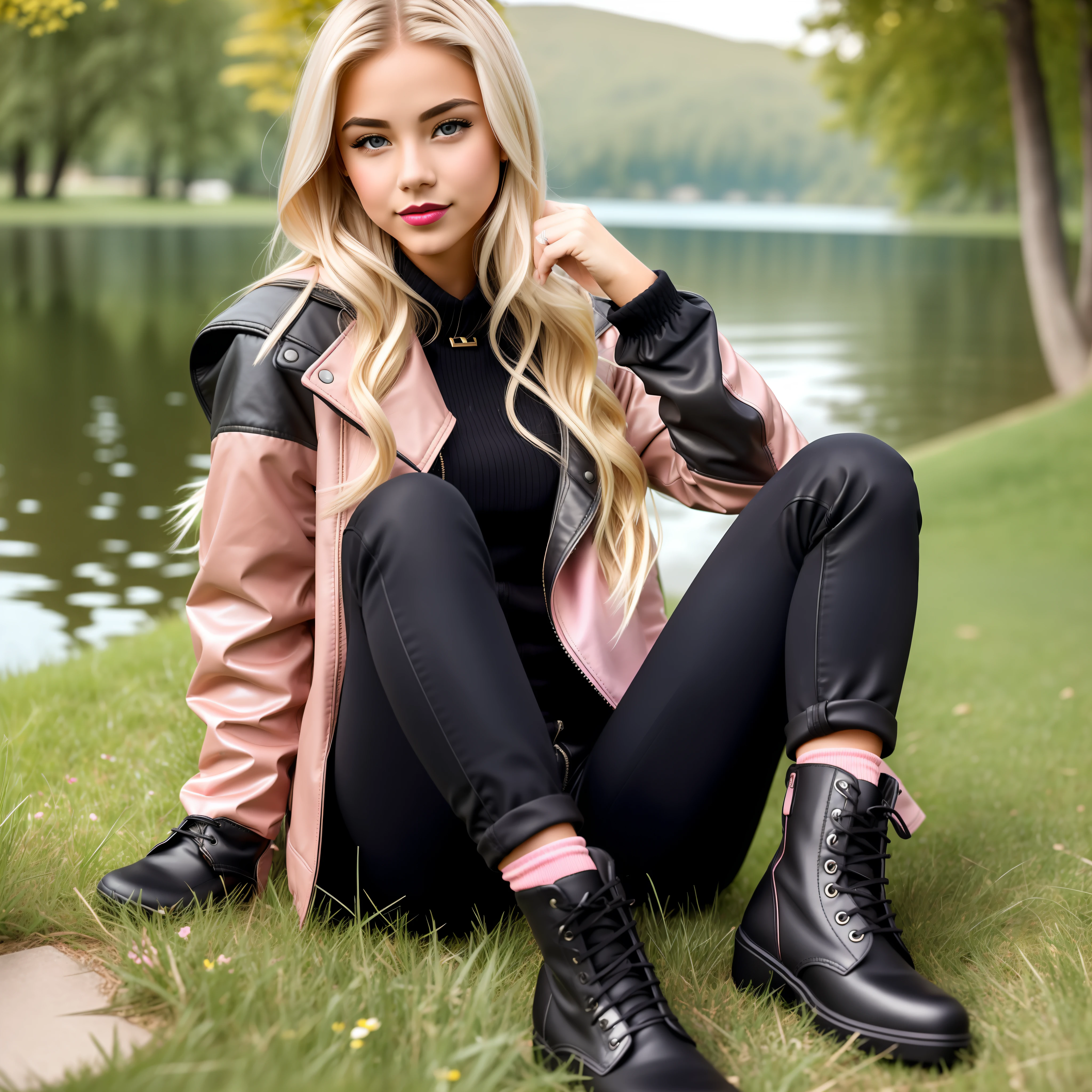 A beautiful girl with much blonder hair and half black in the upper parts, eyes brown color, half thin and medium height, sitting on a lawn with a lake background, focus on her, pink boots, pink lipstick and black jacket --auto --s2
