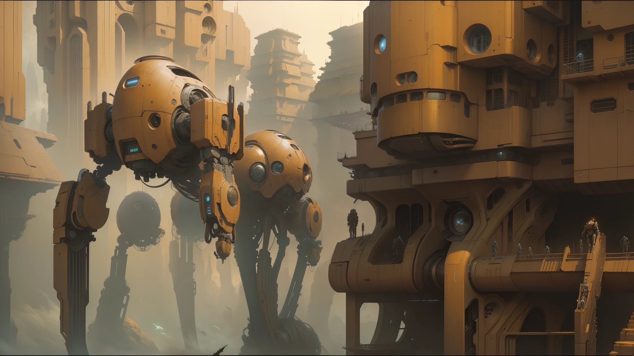 there are many robots that are walking on a bridge, peter gric and dan mumford, craig mullins nekro, by Peter Gric, style of jim burns, inspired by Stephan Martiniere, cgsociety ), cybernetic civilizations, cybernetic civilisations, fractalpunk, award winning scifi art, by Ian Miller --auto --s2
