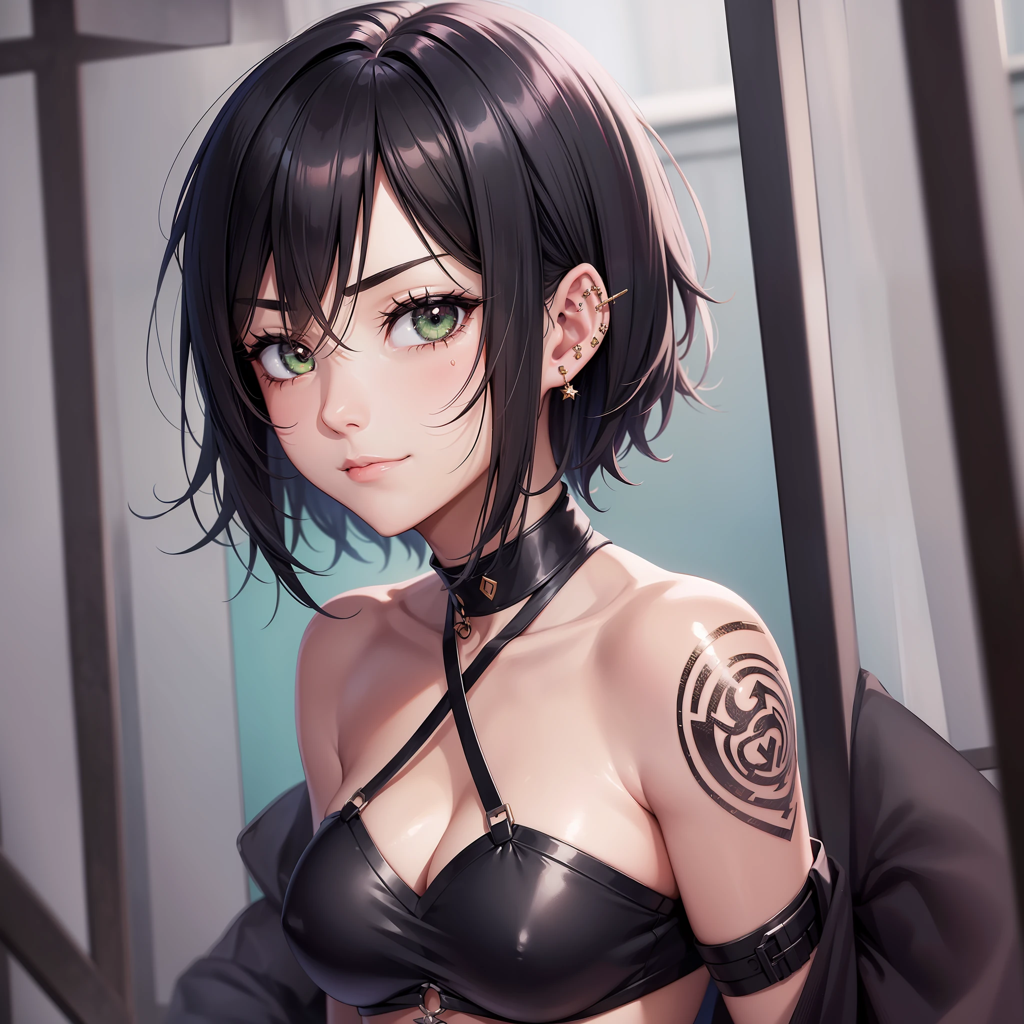 anime, a young women with black hair and green eyes, today's featured anime still, anime women, anime beautiful women, shuushuu anime image, female anime character, handsome anime pose, anime visual of a cute girl, in the anime film, short hair, bondage, bdsm, sadomaso, sexy, partial nude, angry looking face, smirk on face, tattoos, piercing